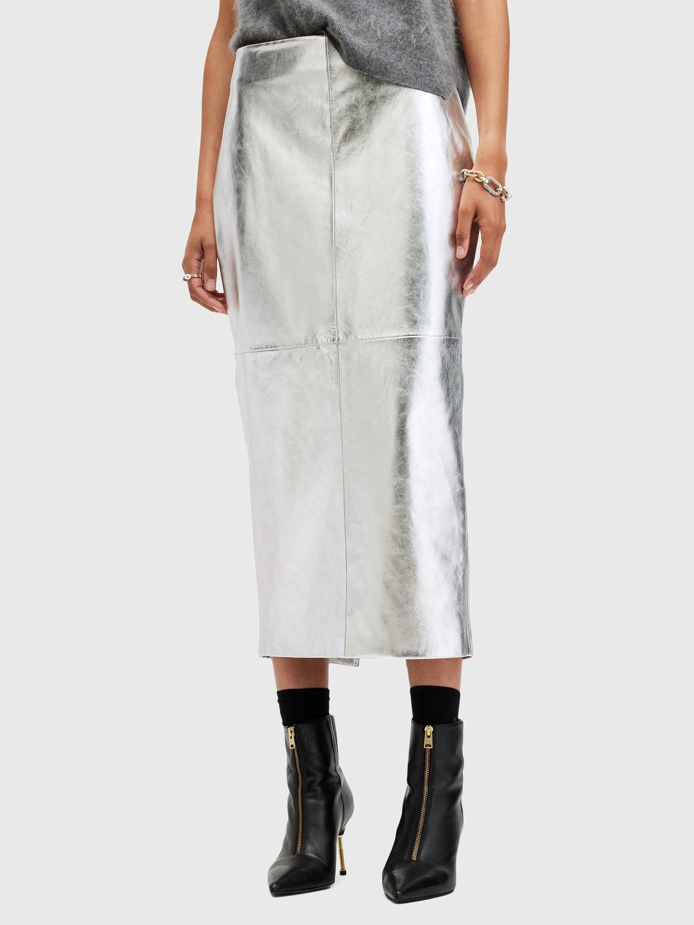 AllSaints Renai Leather Pencil Skirt Silver