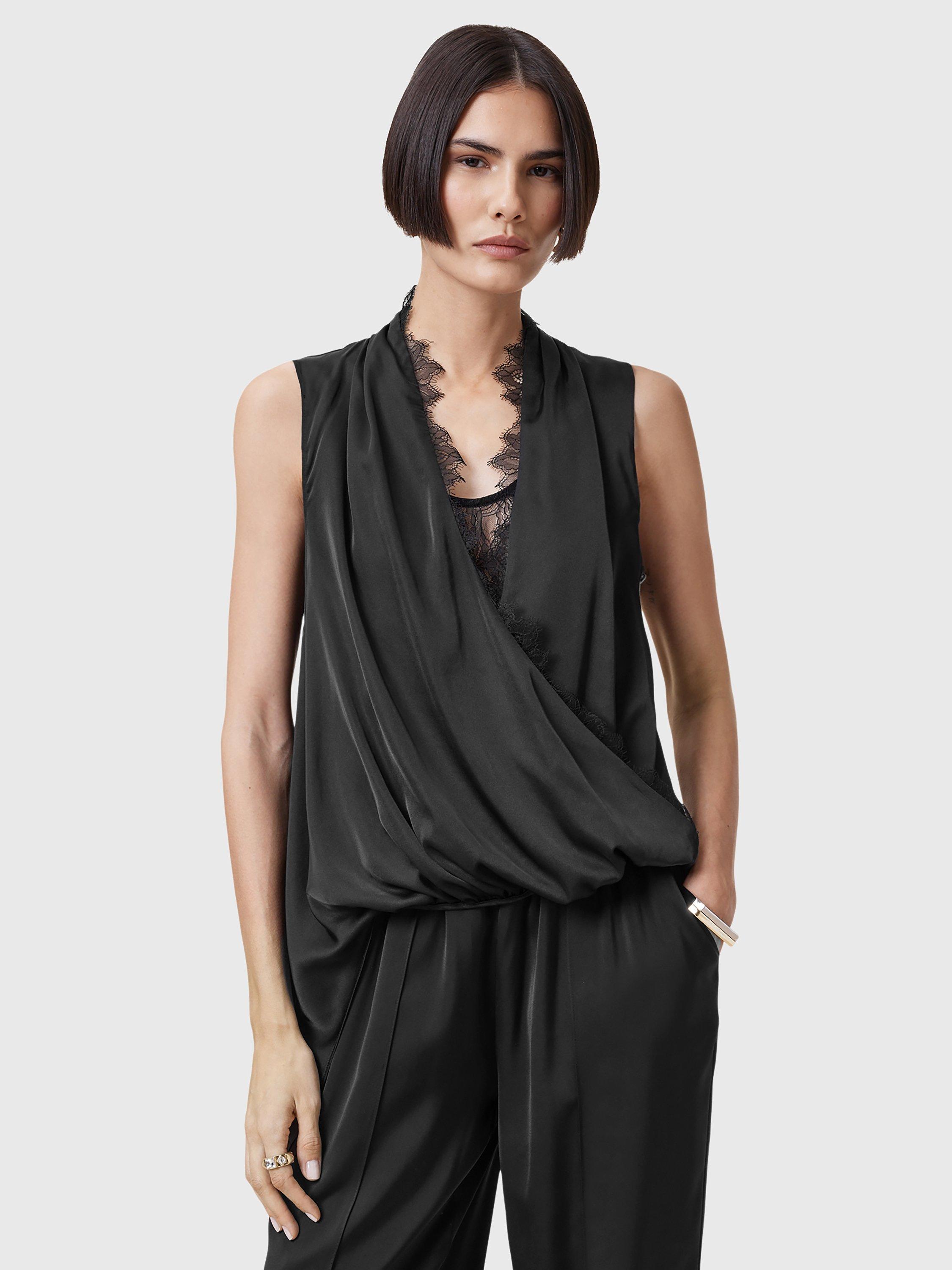 AllSaints Abi Lace Trim Wrap Top, Black
