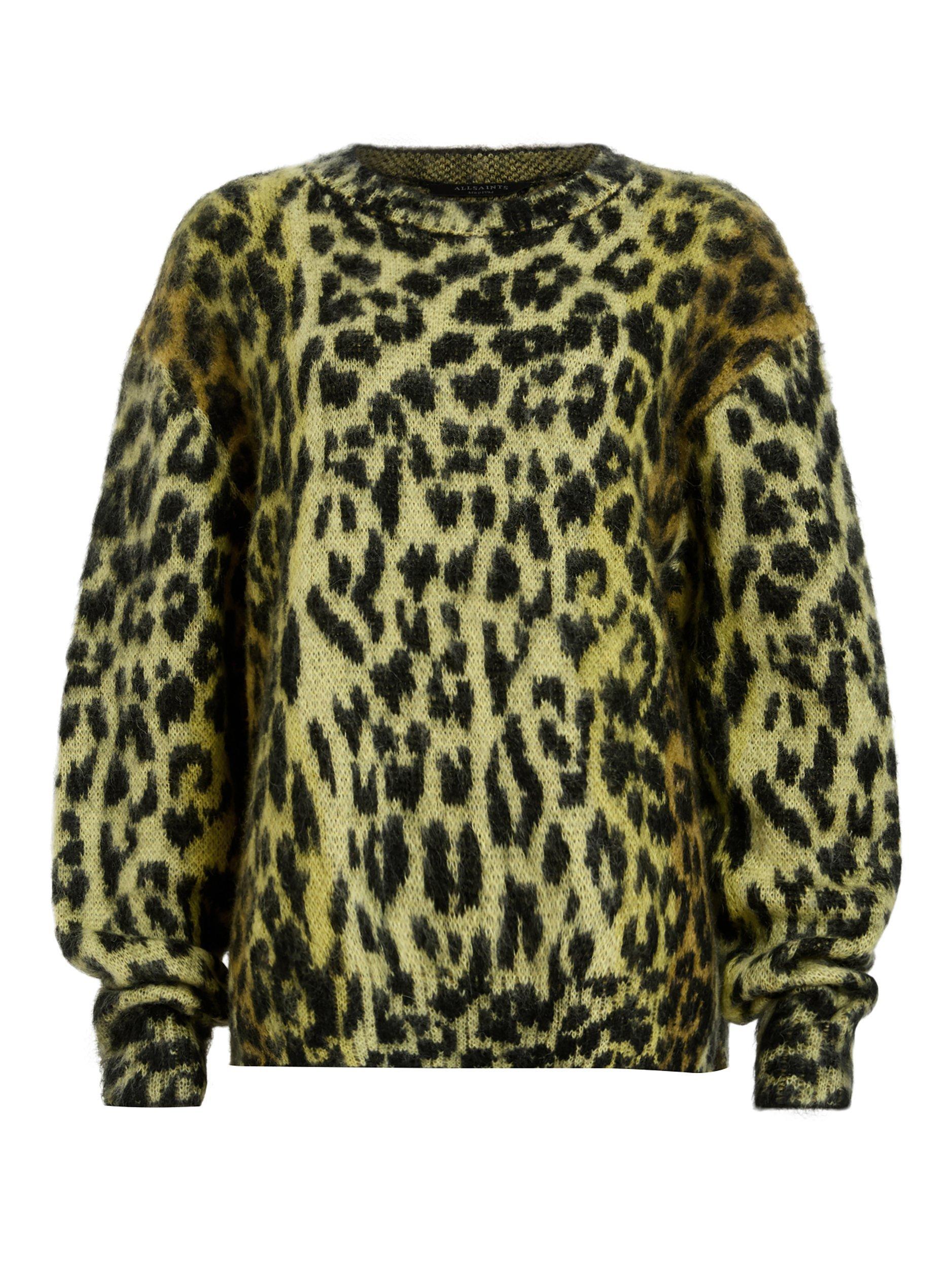 AllSaints Lex Leopard Print Wool Blend Jumper Electric Yellow