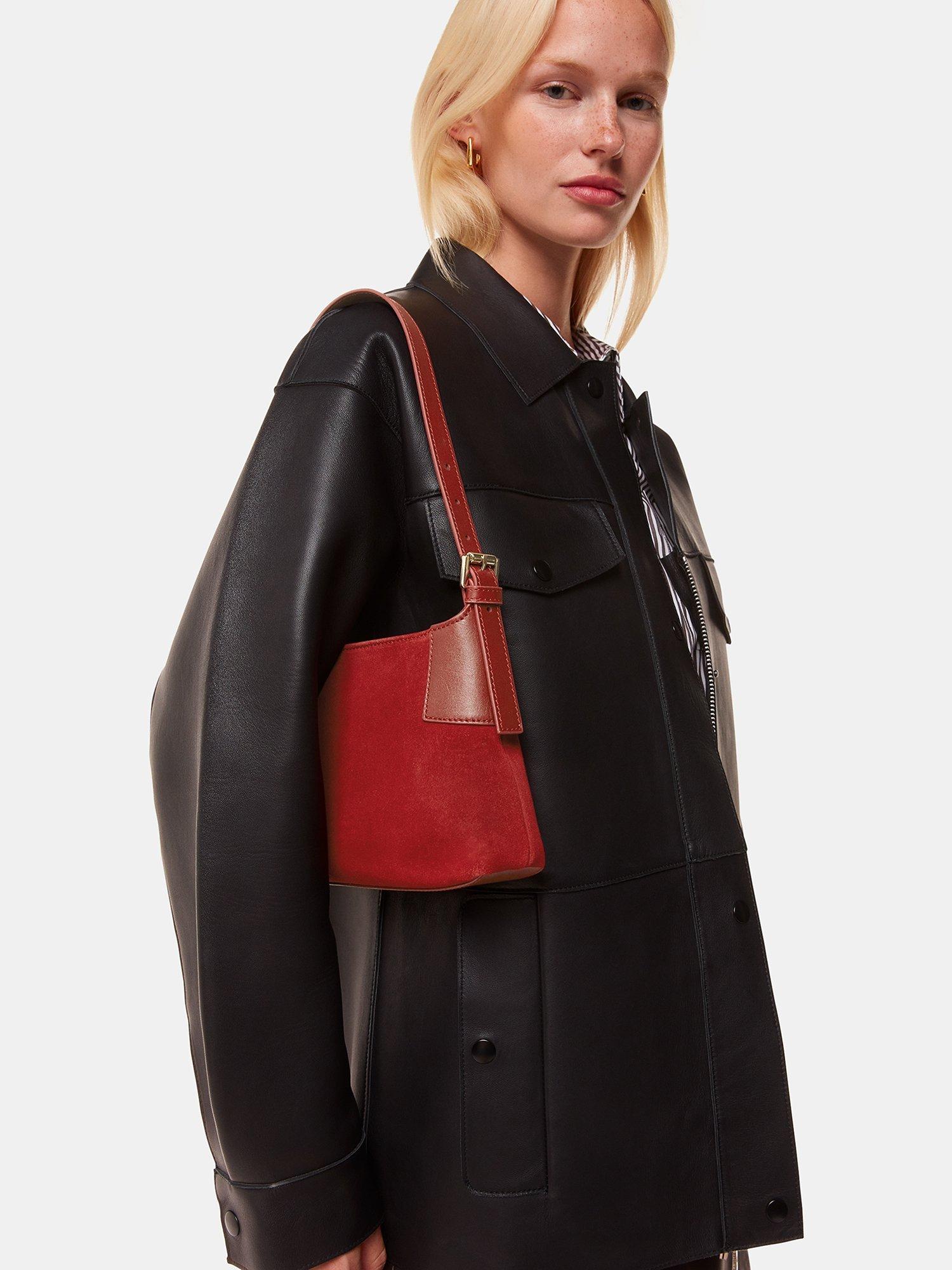 Product image 5 of 5, which shows Whistles Paloma Suede Shoulder Bag, Dark Red