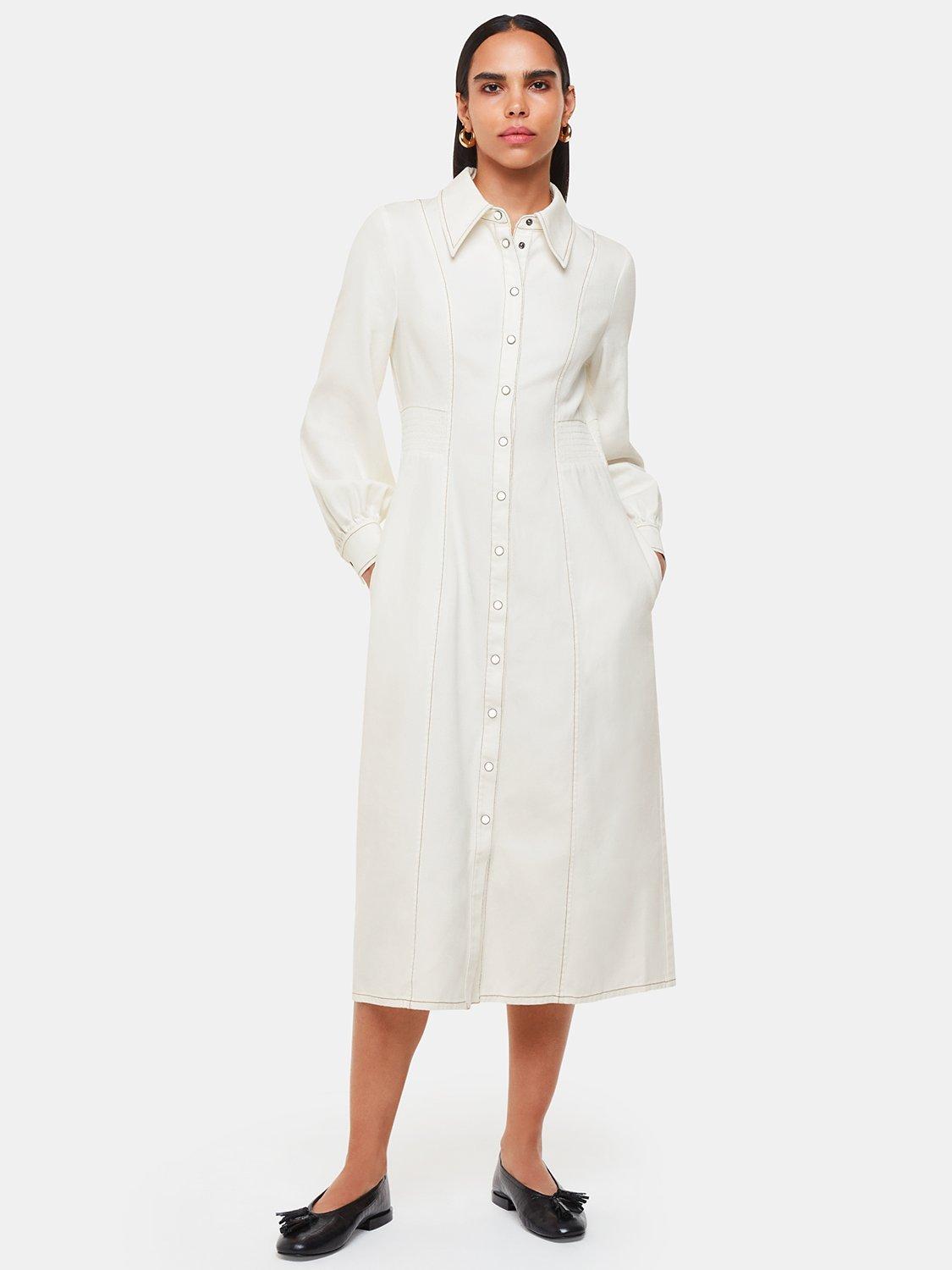 Product image 1 of 5, which shows Whistles Petite Harlowe Denim Midi Dress, Ivory, 12