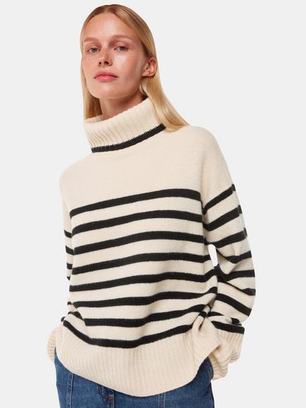 Whistles Stripe Wool Roll Neck Jumper, Ivory/Black, Ivory/Black