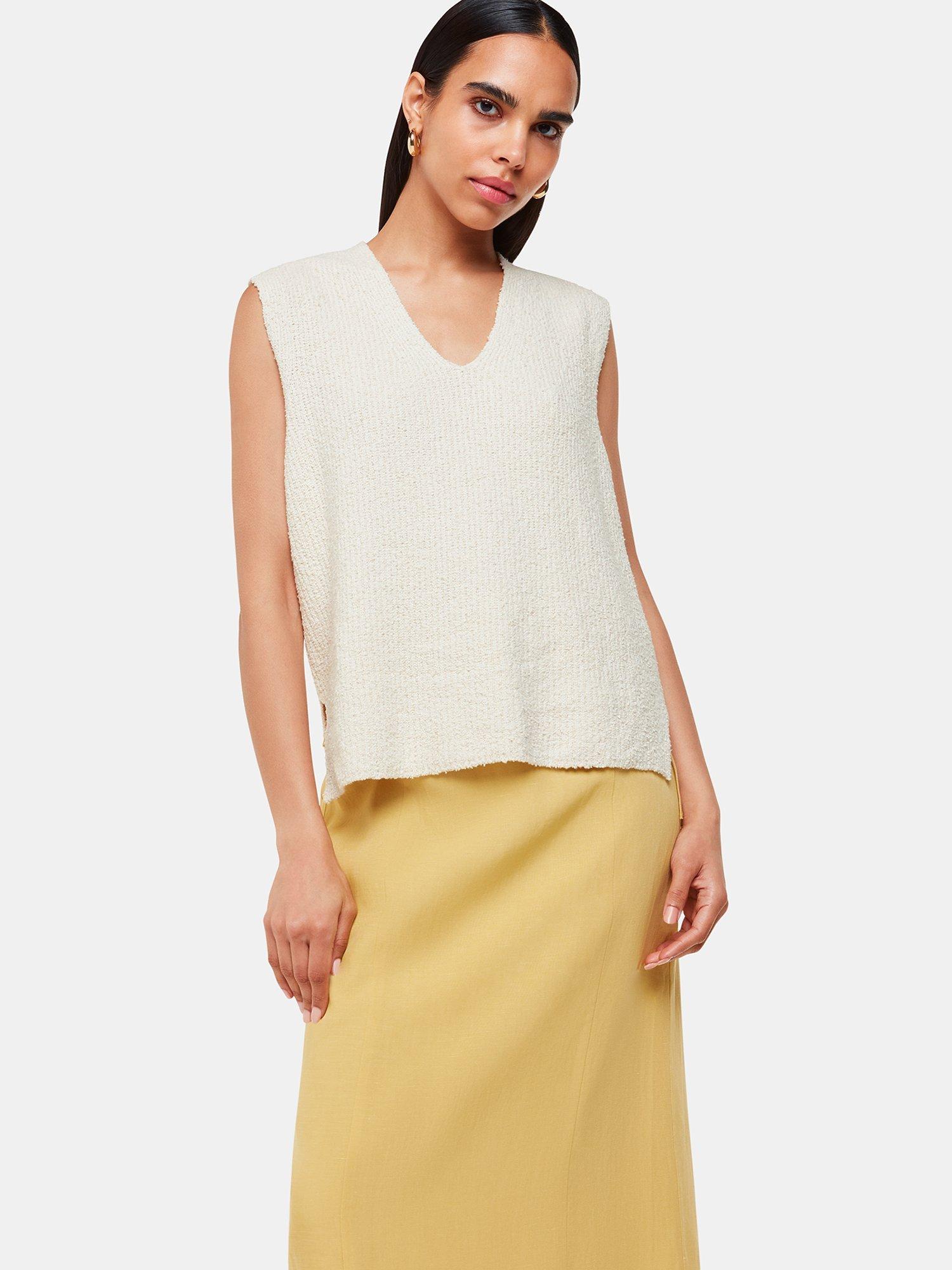Whistles Cotton Textured V Neck Vest, Ivory, XS