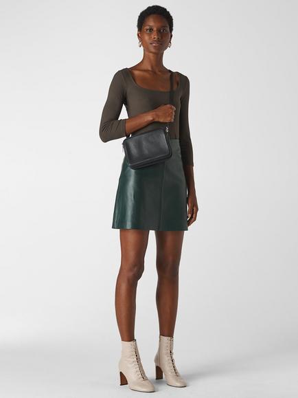 Whistles A-Line Leather Mini Skirt - view 2, Dark Green