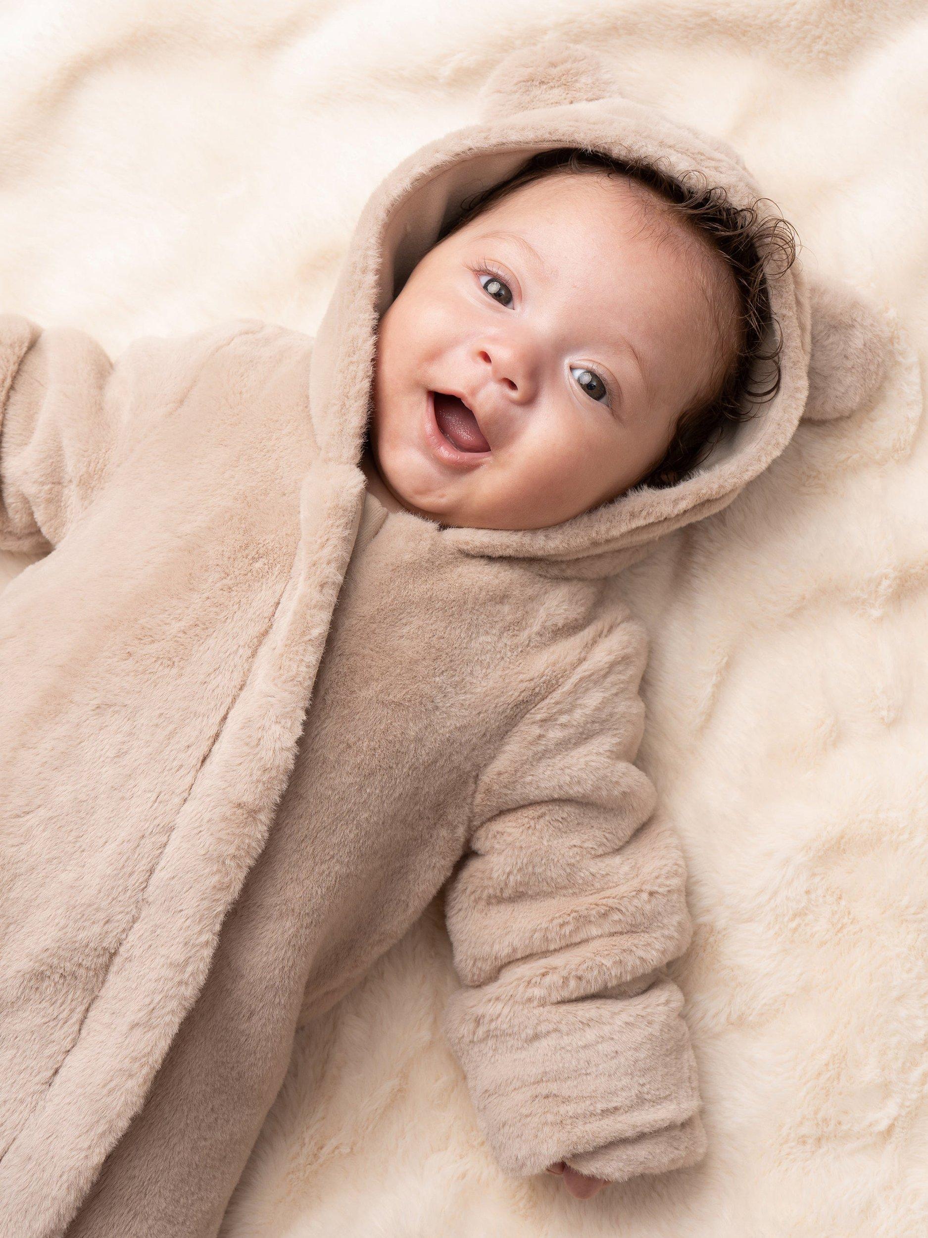 Product image 4 of 5, which shows Angel & Rocket Baby Faux Fur Pramsuit, Beige, 0-3 months