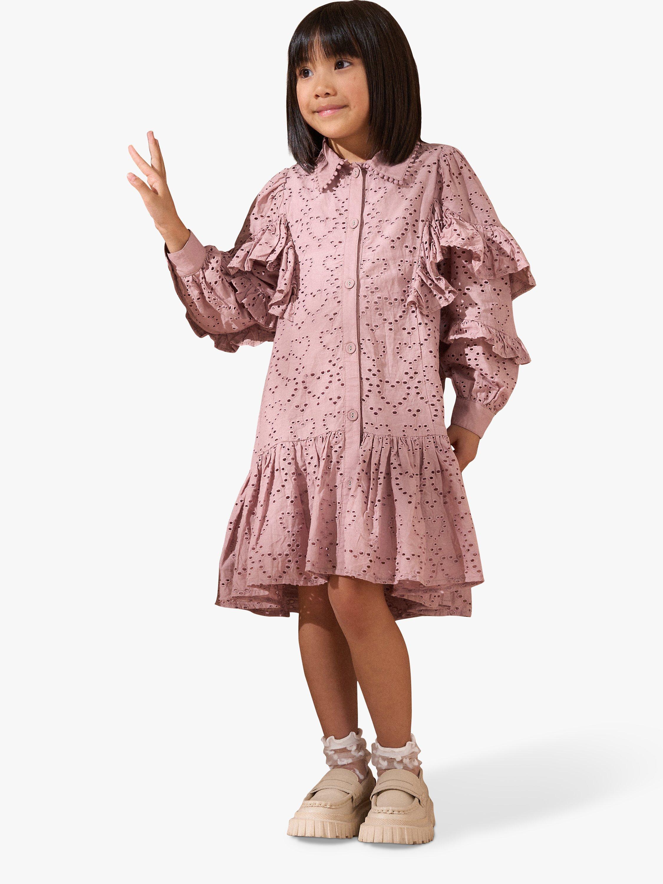 Product image 1 of 8, which shows Angel & Rocket Kids' Amelie Cotton Broderie Shirt Dress, Pink, 3 years