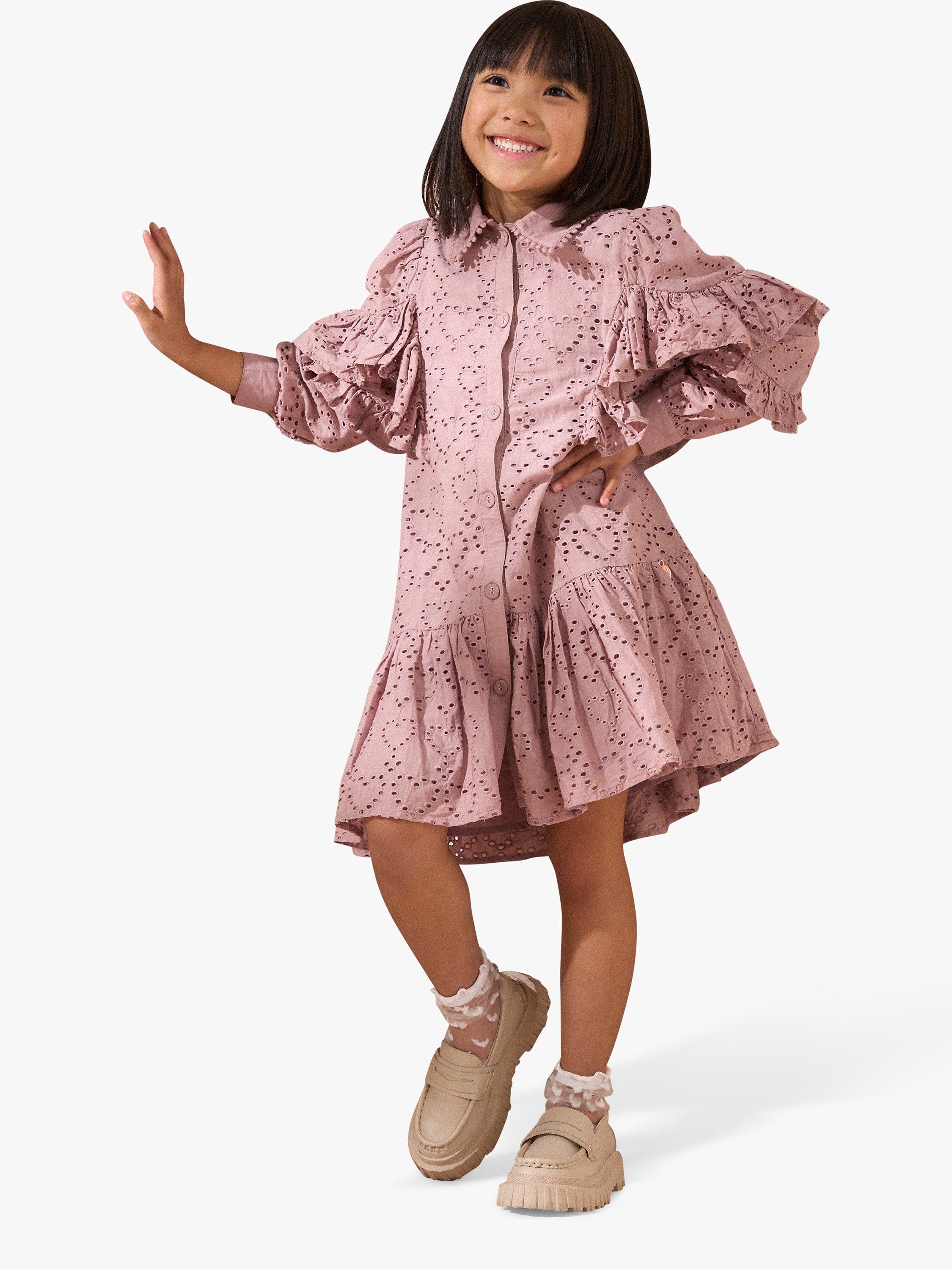 Product image 2 of 8, which shows Angel & Rocket Kids' Amelie Cotton Broderie Shirt Dress, Pink, 3 years