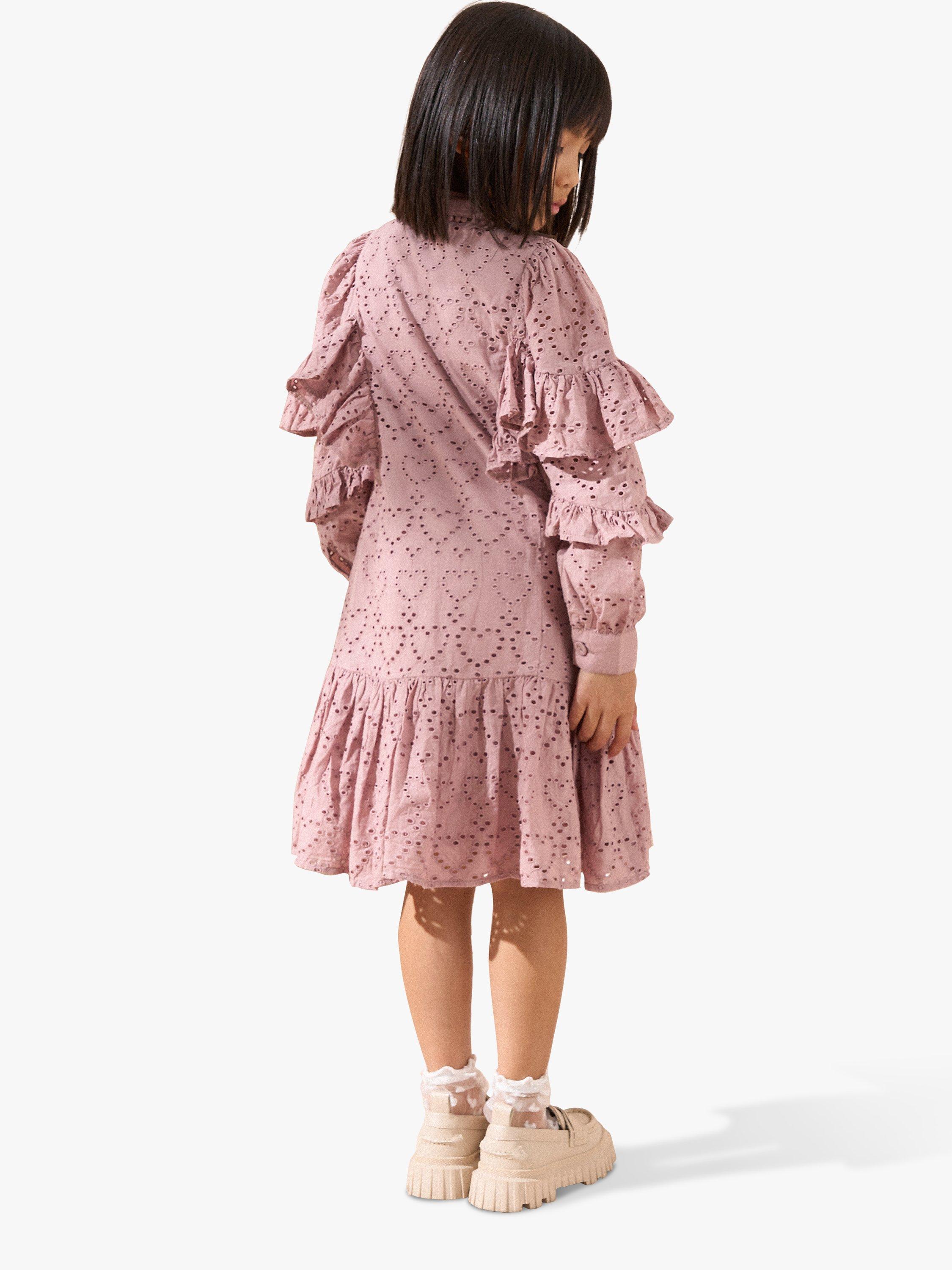 Product image 3 of 8, which shows Angel & Rocket Kids' Amelie Cotton Broderie Shirt Dress, Pink, 3 years