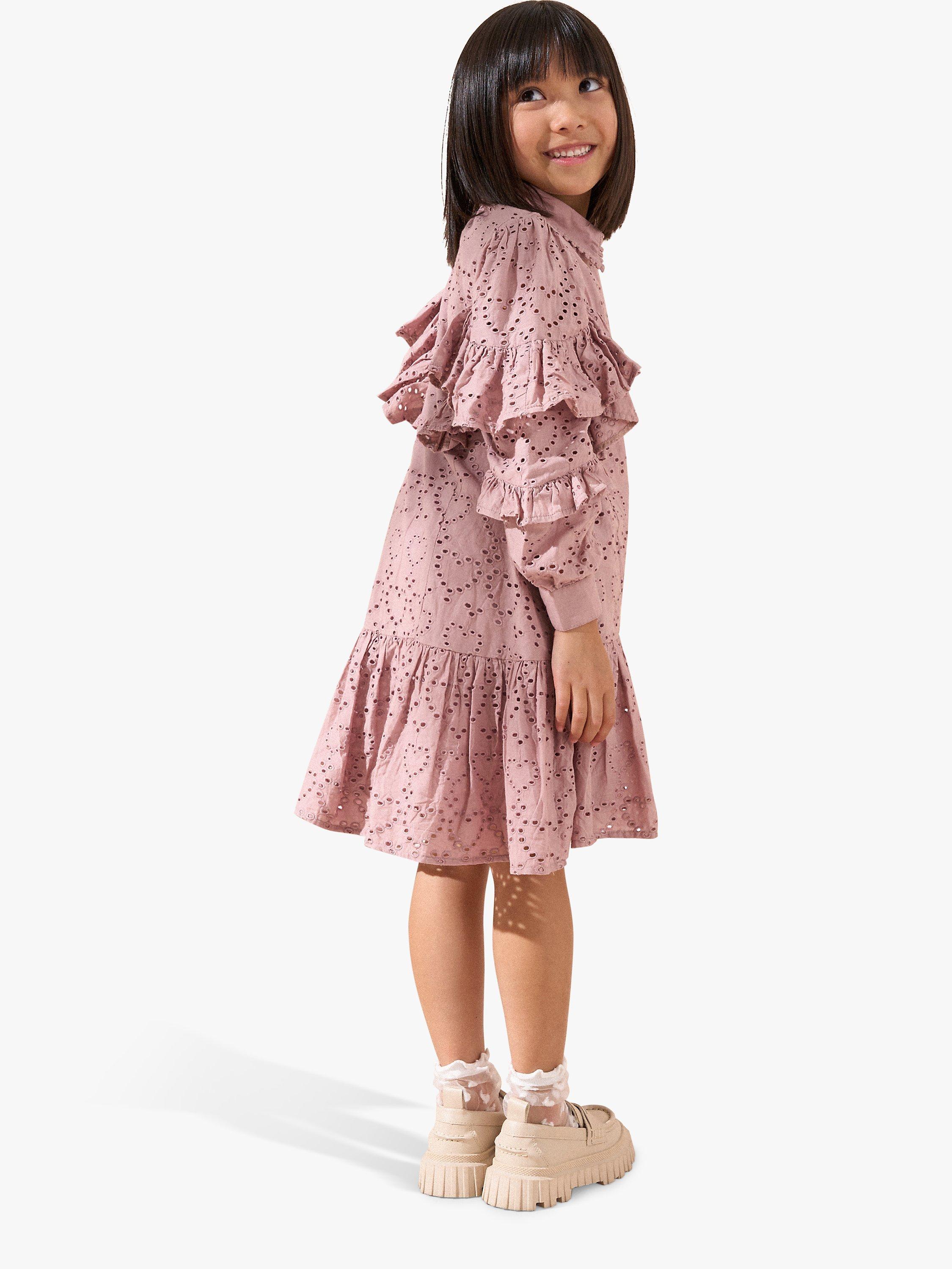 Product image 4 of 8, which shows Angel & Rocket Kids' Amelie Cotton Broderie Shirt Dress, Pink, 3 years