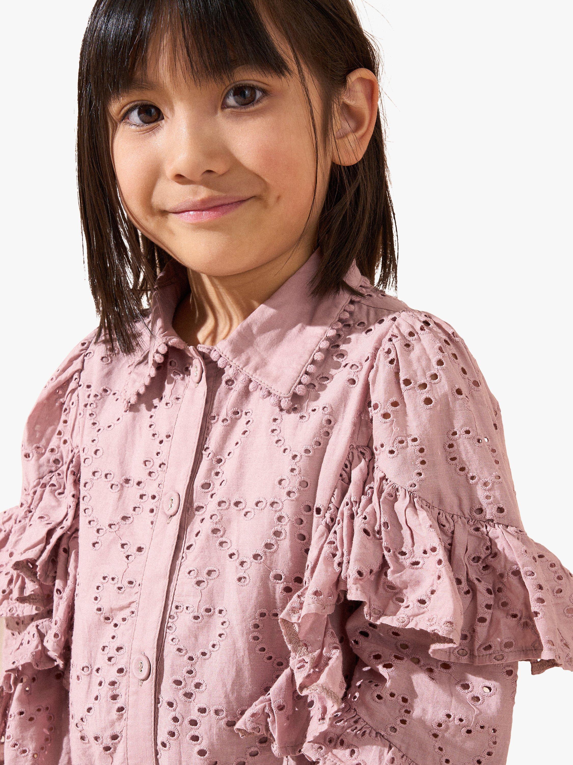 Product image 5 of 8, which shows Angel & Rocket Kids' Amelie Cotton Broderie Shirt Dress, Pink, 3 years