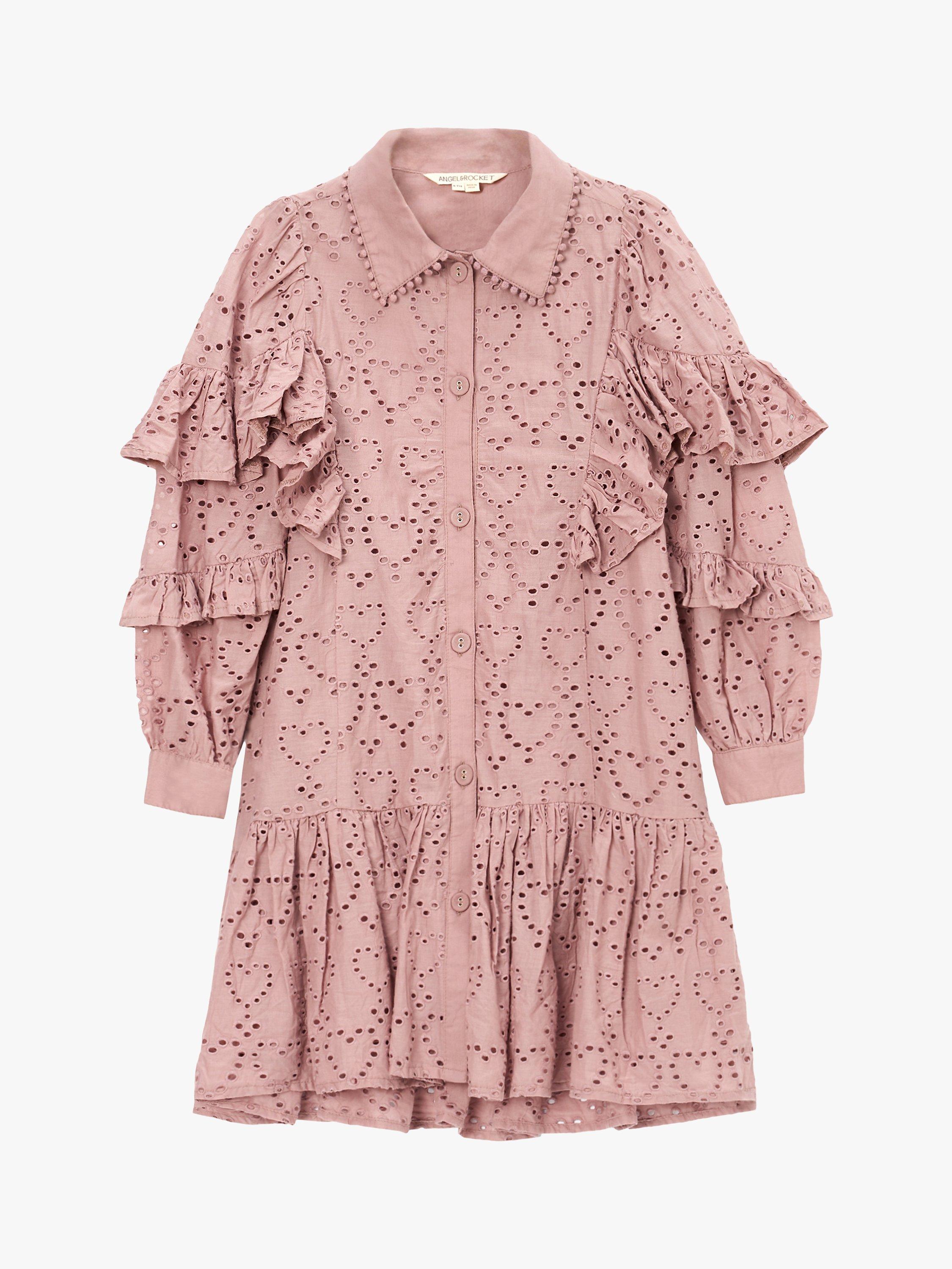Product image 6 of 8, which shows Angel & Rocket Kids' Amelie Cotton Broderie Shirt Dress, Pink, 3 years