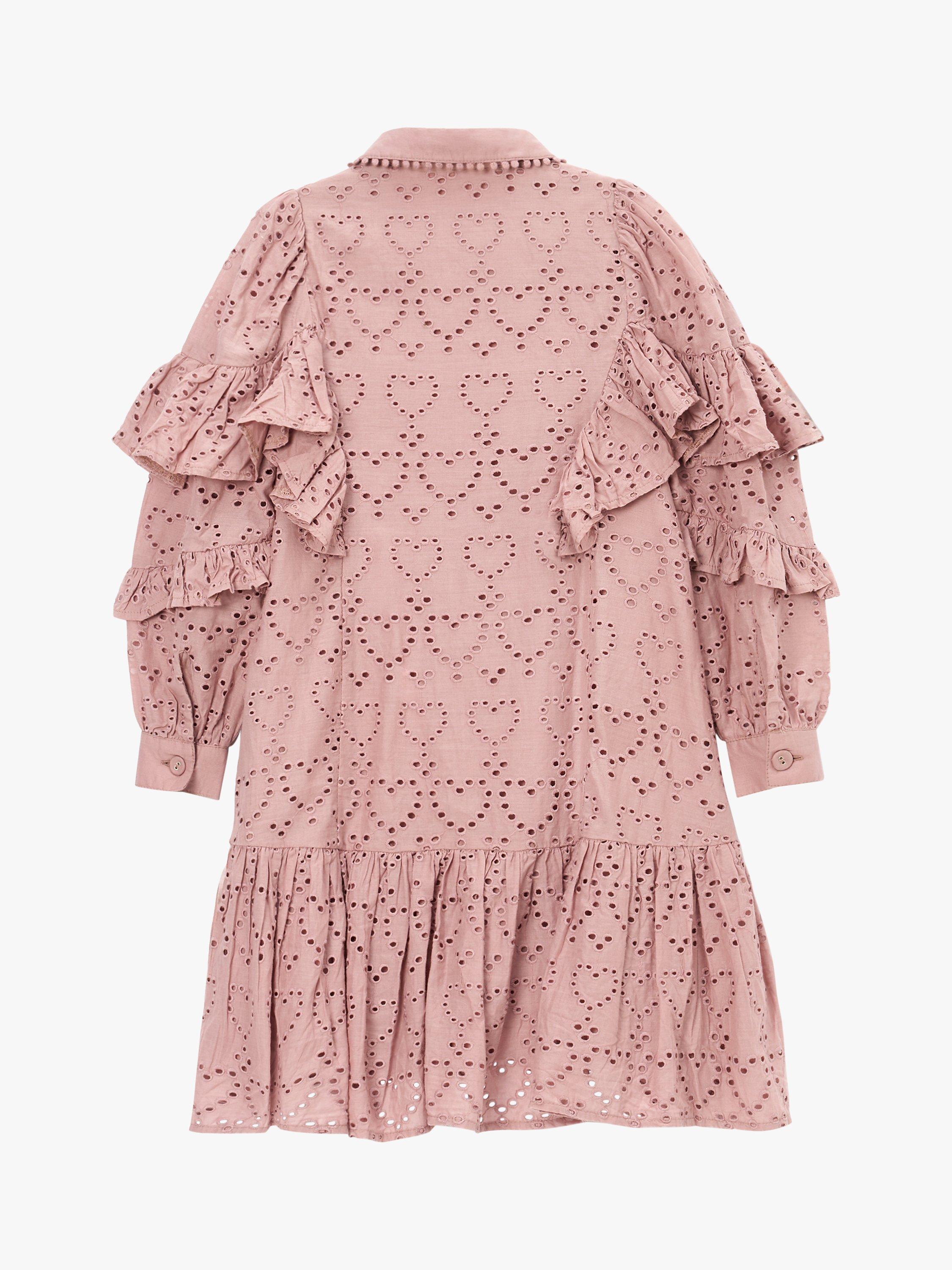 Product image 7 of 8, which shows Angel & Rocket Kids' Amelie Cotton Broderie Shirt Dress, Pink, 3 years