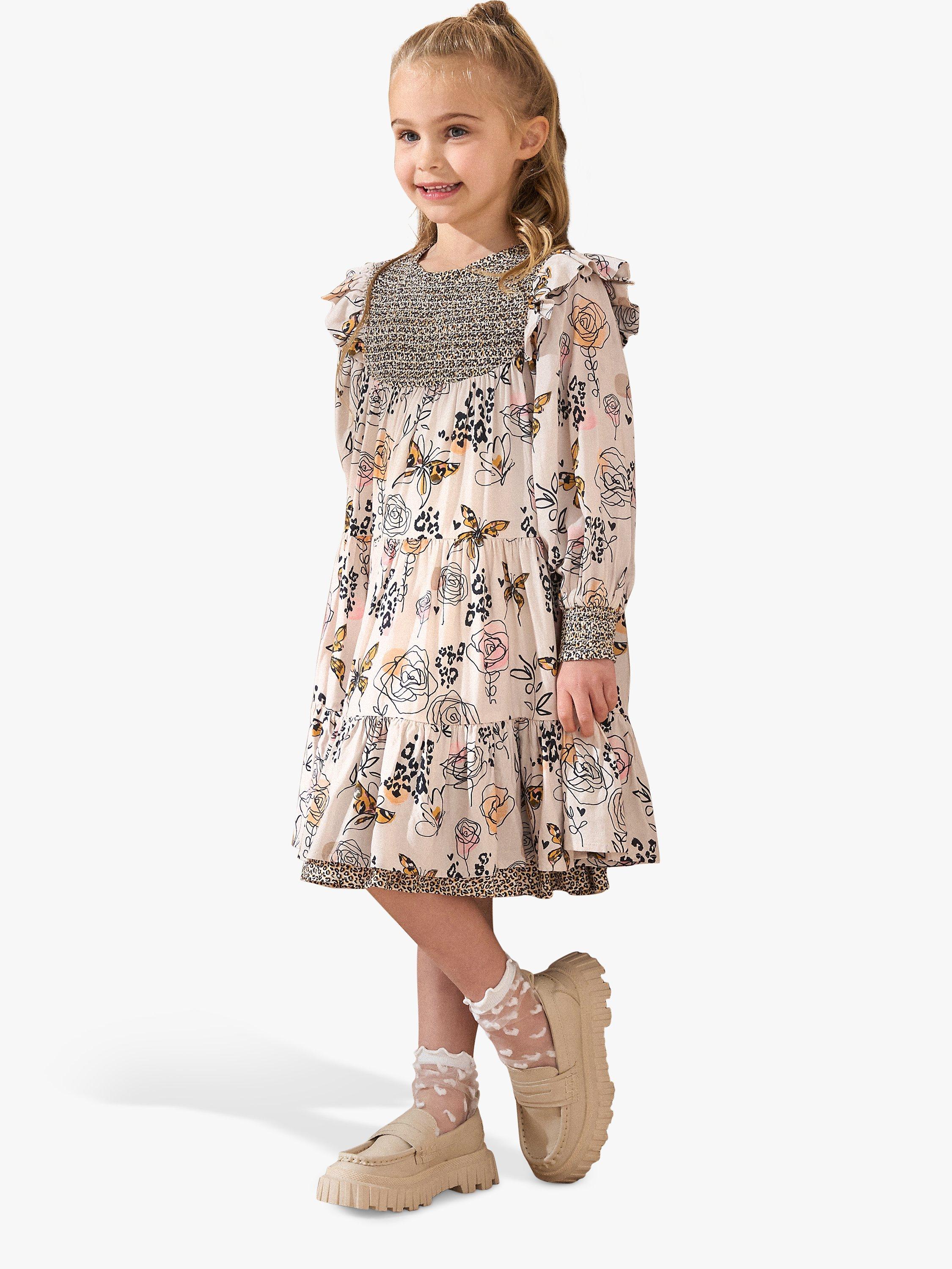 Angel & Rocket Kids' Lyra Butterfly Print Tiered Dress, Ivory
