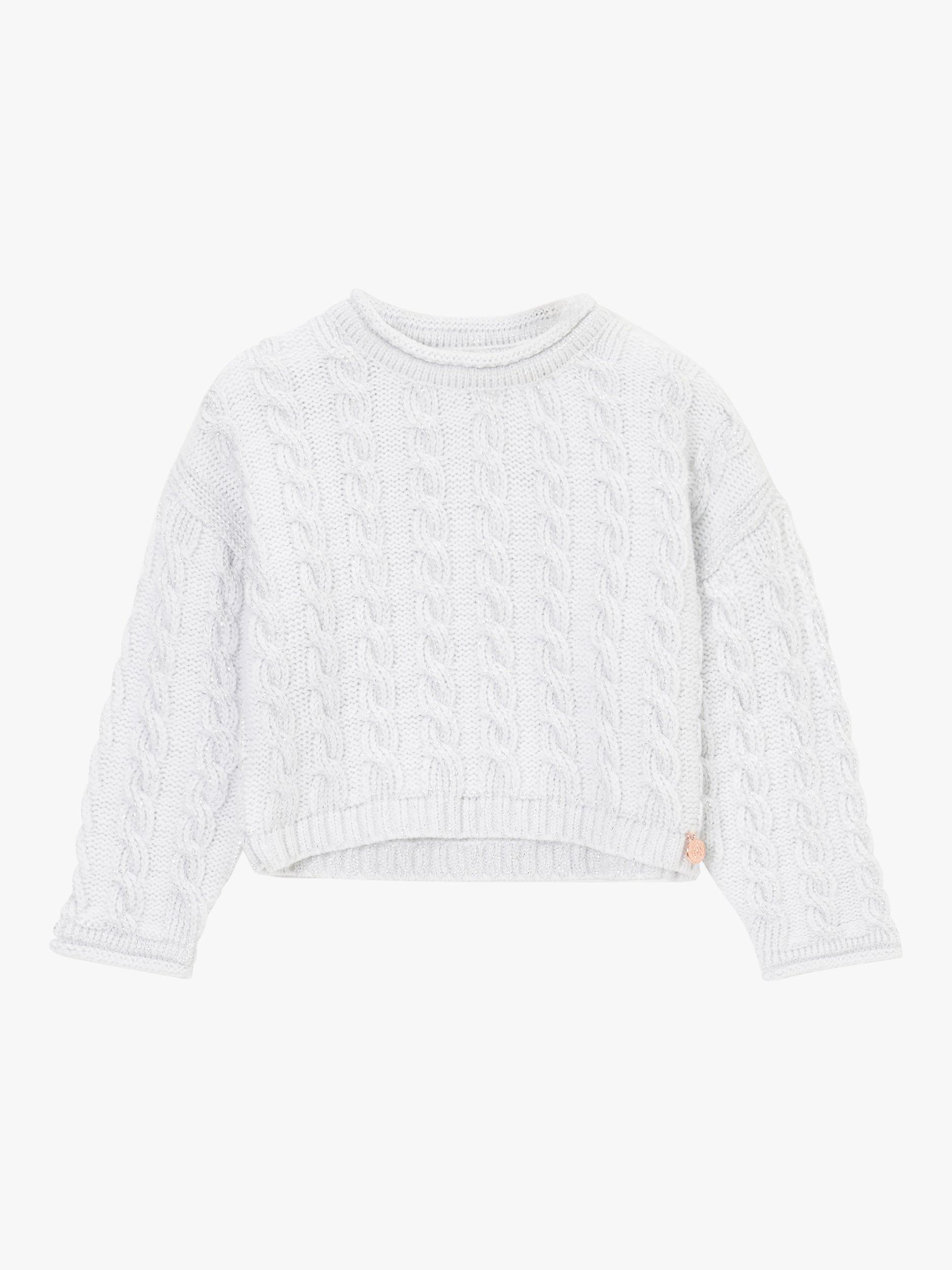 Product image 4 of 6, which shows Angel & Rocket Kids' Ariel Metallic Cable Knit Jumper, Silver, 3-4 years