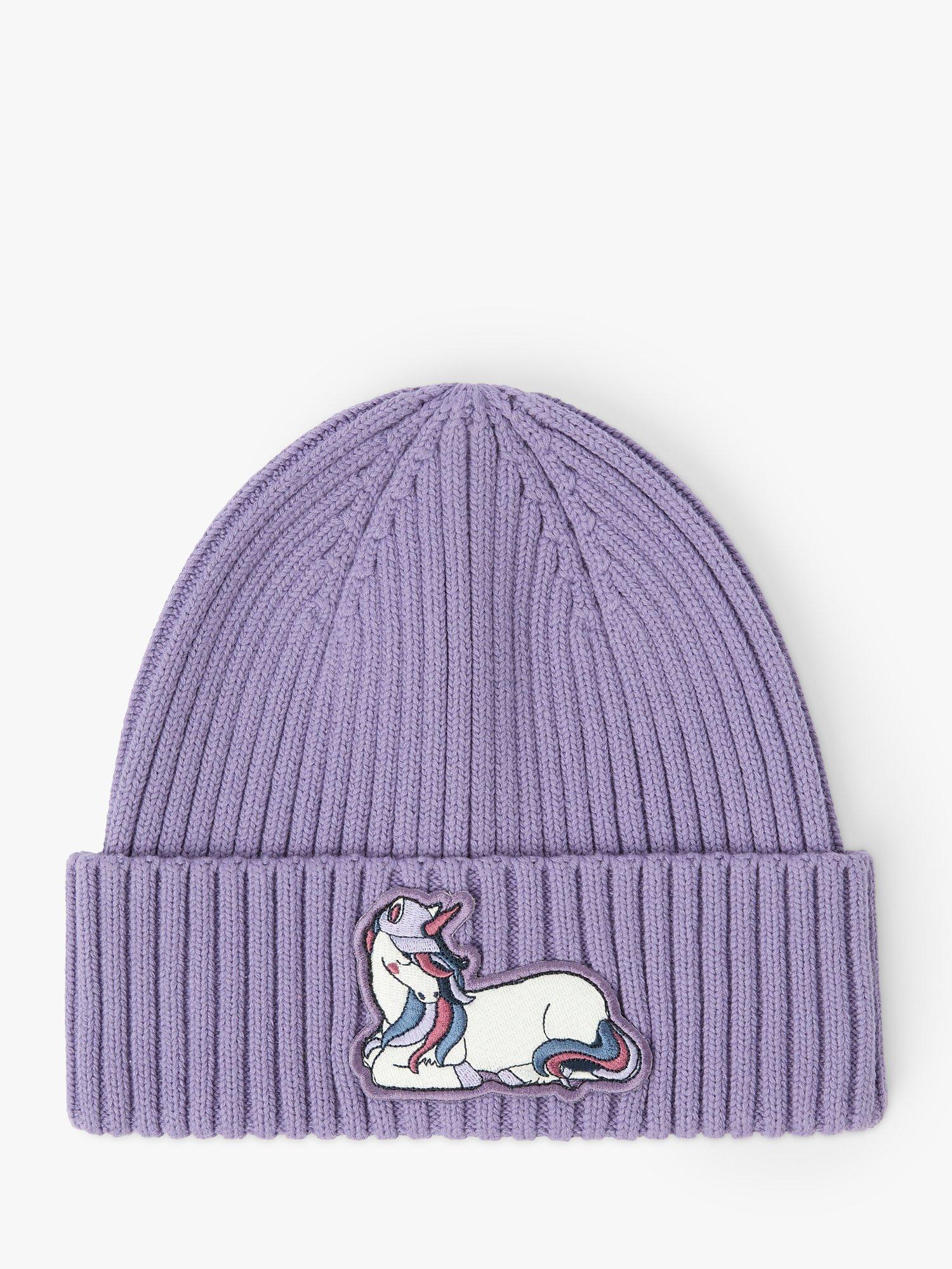 Product image 2 of 3, which shows Polarn O. Pyret Kids' Rib Knit Applique Beanie Hat, Purple, 9 months-2 years