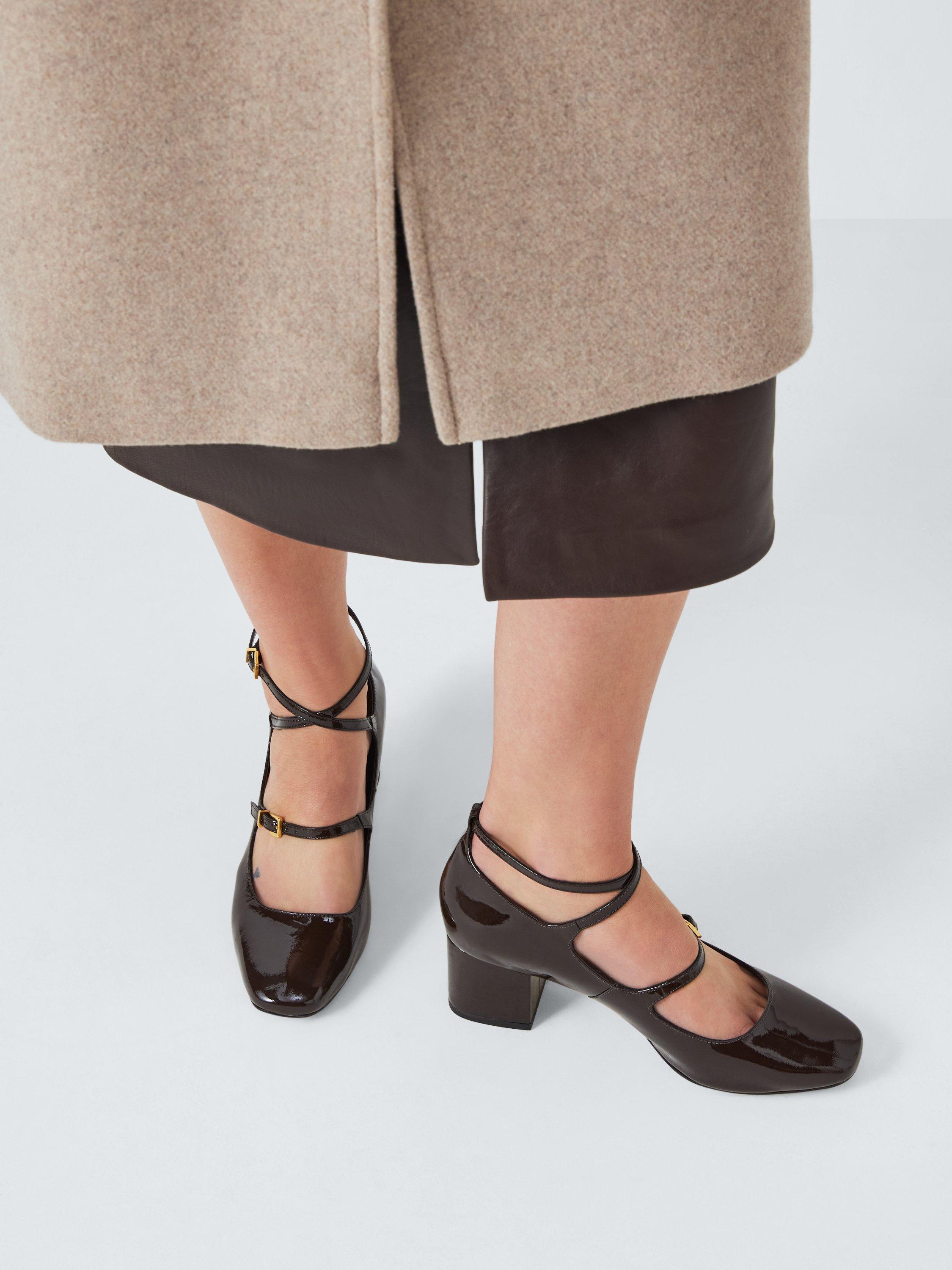 Product image 2 of 6, which shows John Lewia Adeline Leather Cross Strap Block Heel Dressy Court Shoes, Chocolate, 3