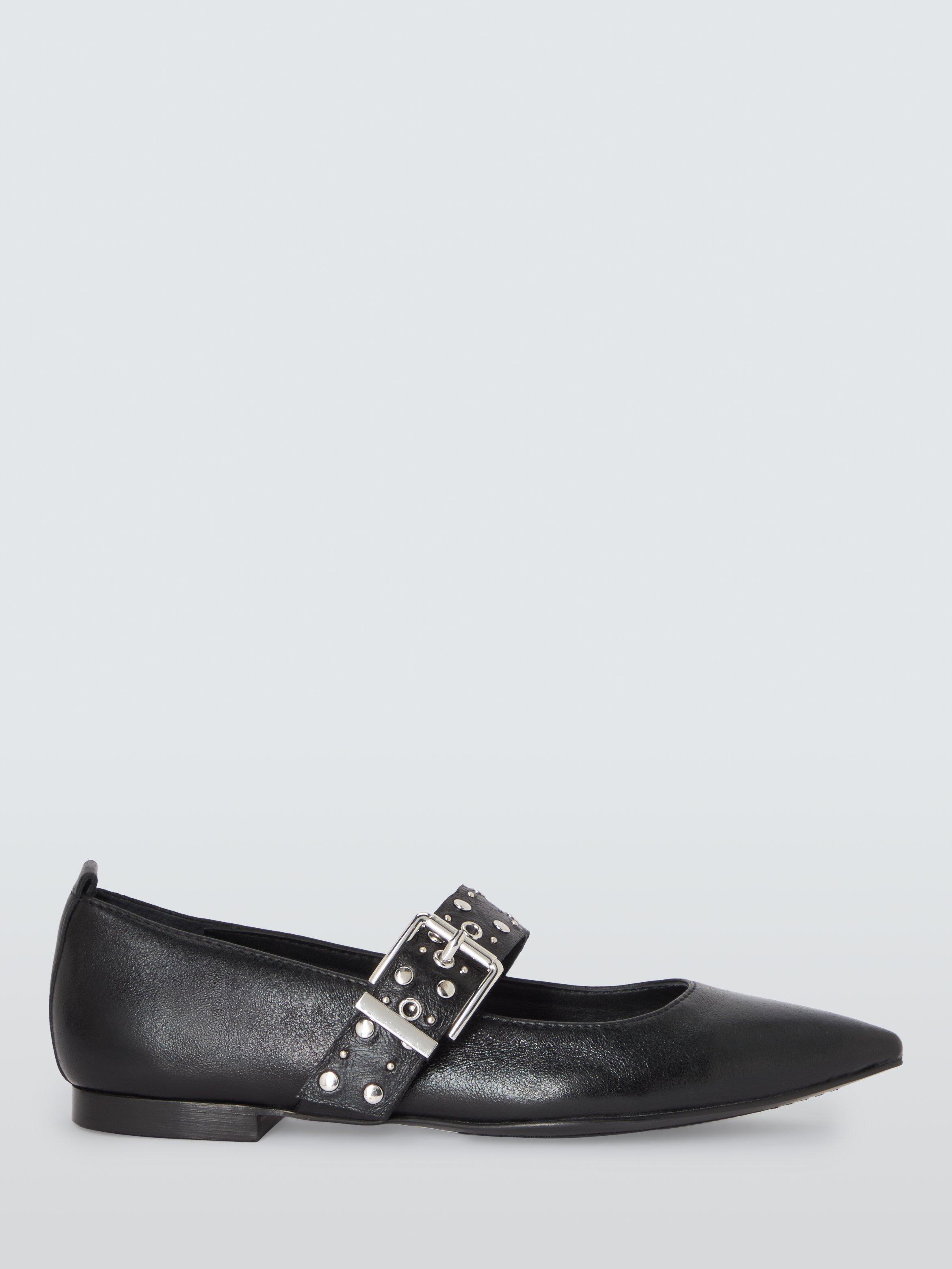 AND OR Herve Large Buckle Studded Leather Ballerina Pumps Black