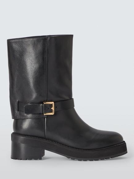 John Lewis Road Leather Chunky Fold Down Biker Boots, Black, Black