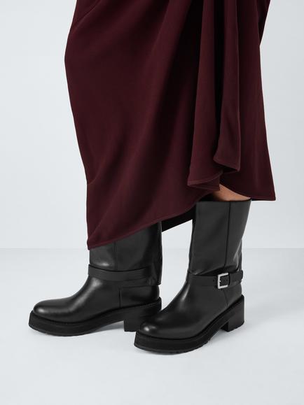 John Lewis Road Leather Chunky Fold Down Biker Boots, Black - view 2, Black