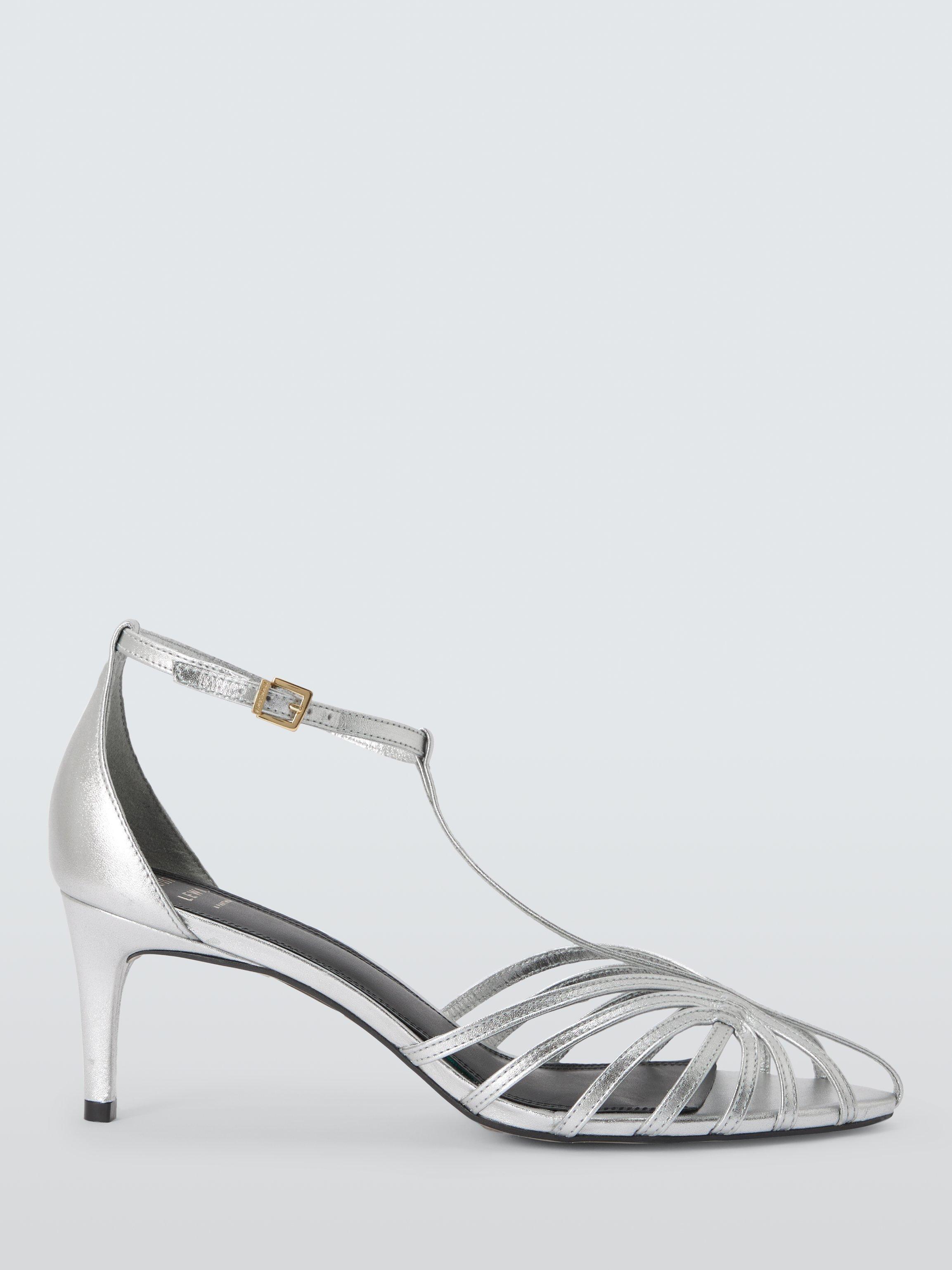 Product image 1 of 6, which shows John Lewis Mexico Leather T-Bar Minimal Mid Heel Sandals, Silver, 3