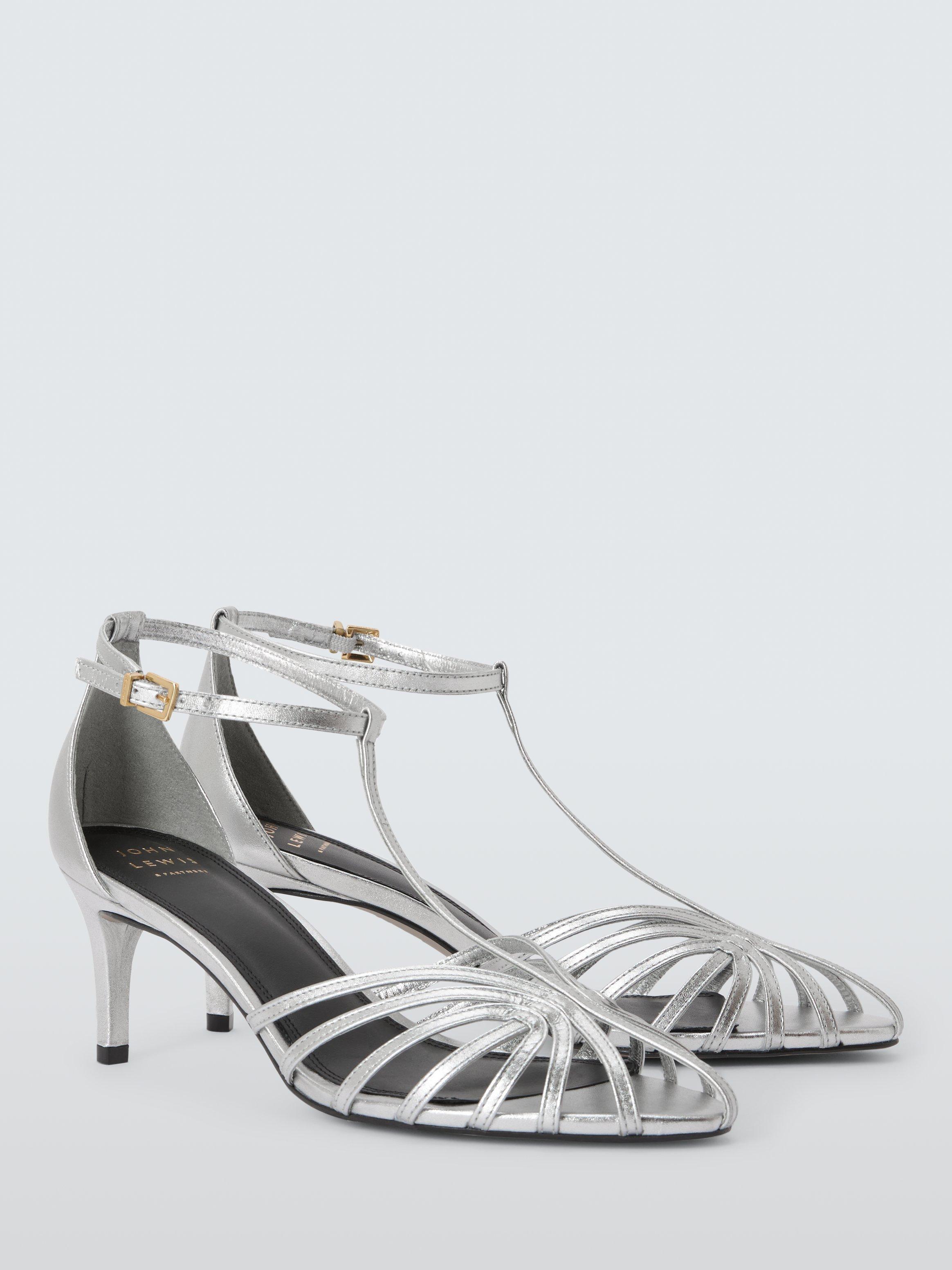 Product image 3 of 6, which shows John Lewis Mexico Leather T-Bar Minimal Mid Heel Sandals, Silver, 3