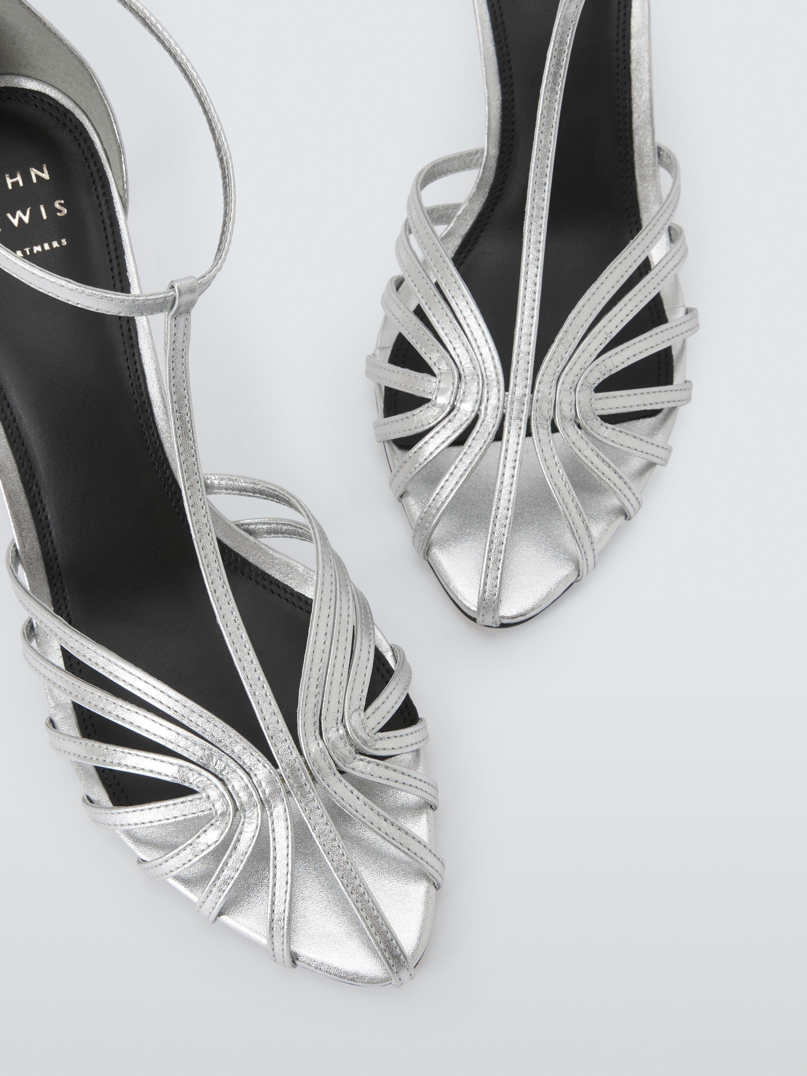 Product image 4 of 6, which shows John Lewis Mexico Leather T-Bar Minimal Mid Heel Sandals, Silver, 3