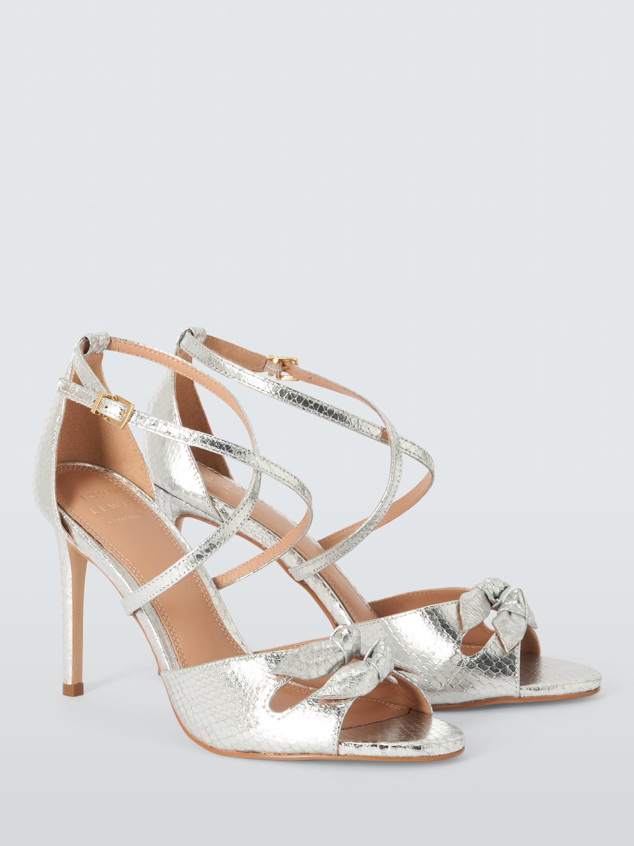 Product image 3 of 6, which shows John Lewis Magnolia Leather Double Bow Cross Strap High Heel Sandals, Silver Snake, 8