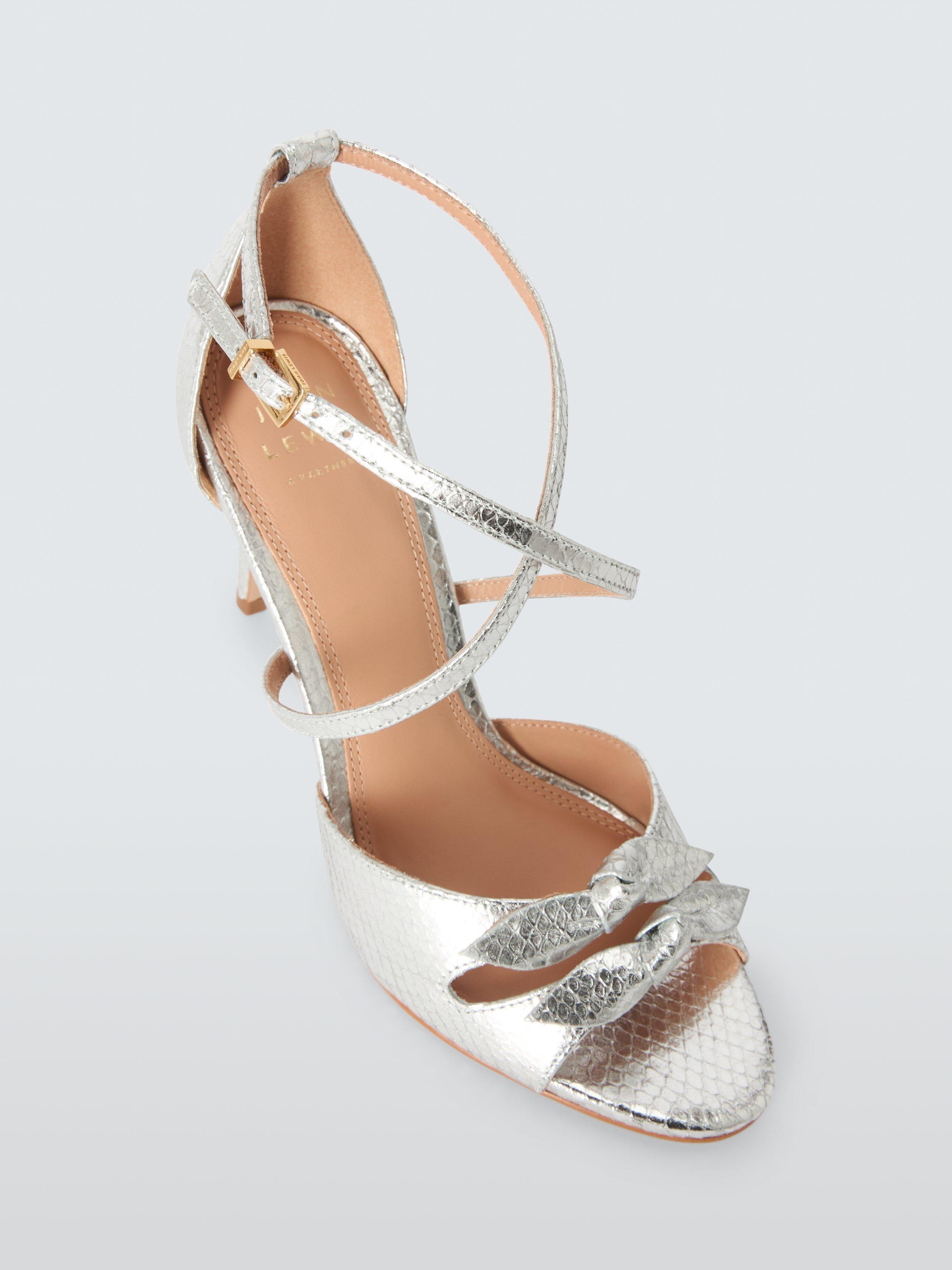 Product image 5 of 6, which shows John Lewis Magnolia Leather Double Bow Cross Strap High Heel Sandals, Silver Snake, 8