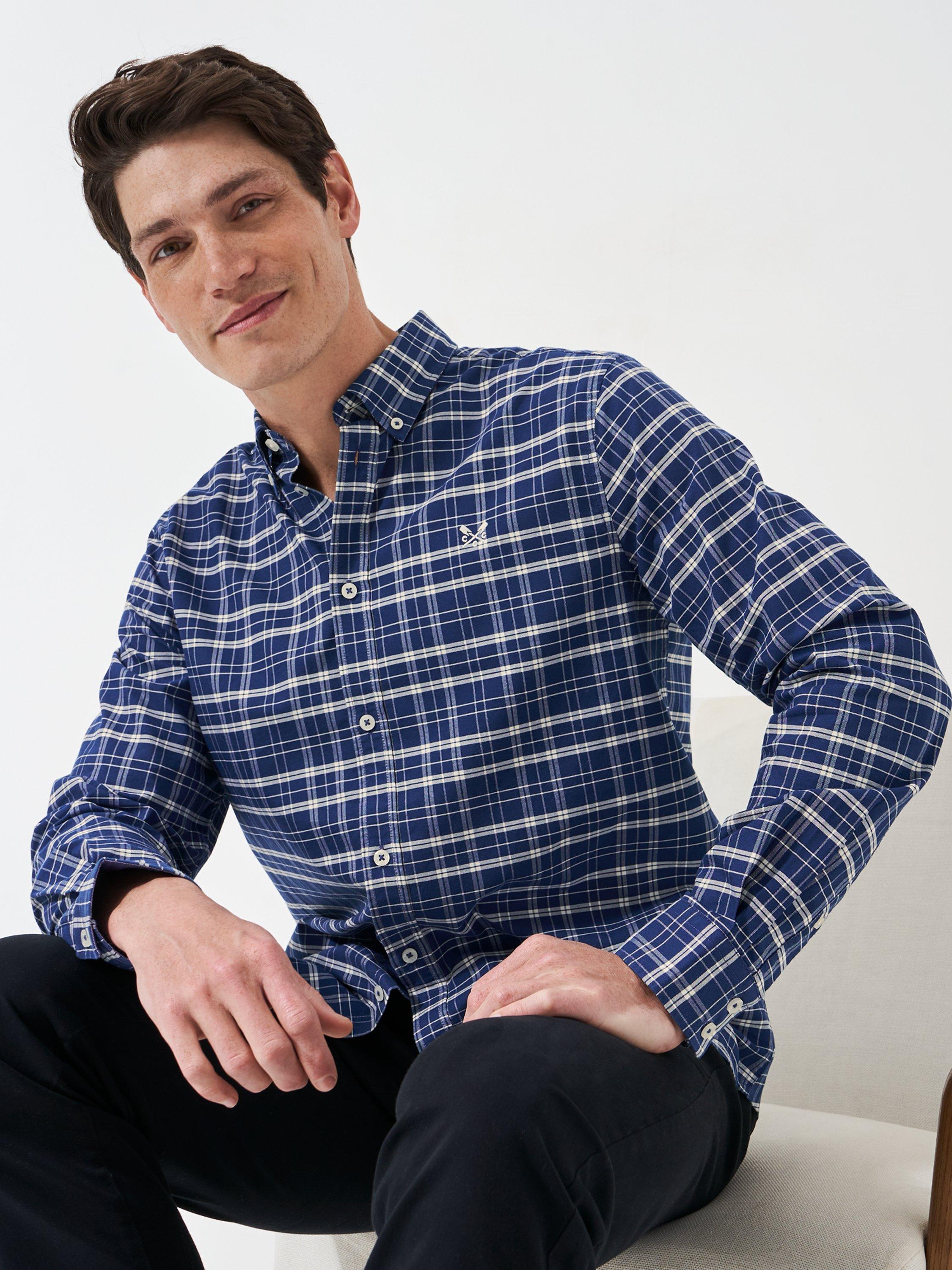 Crew Clothing Cotton Check Oxford Shirt, Mid Blue