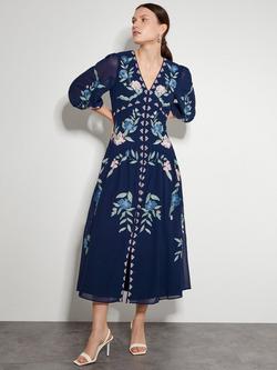 Monsoon Delilah Embroidered Midi Dress, Navy/Multi, Navy/Multi