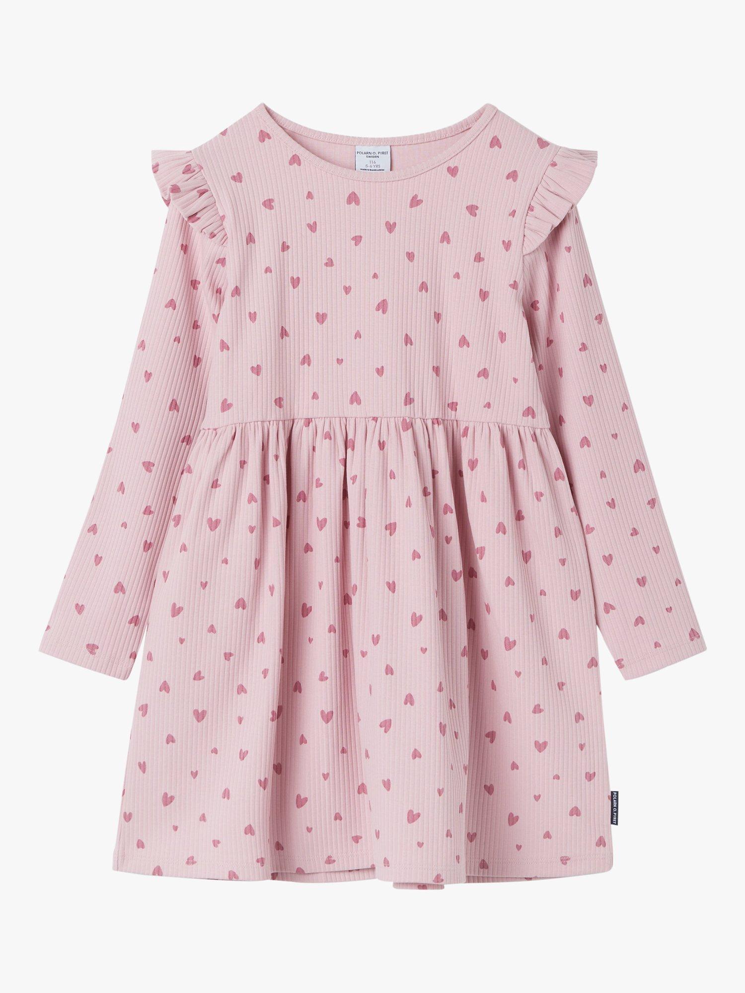 Polarn O. Pyret Kids' Heart Print Long Sleeve Dress, Pink