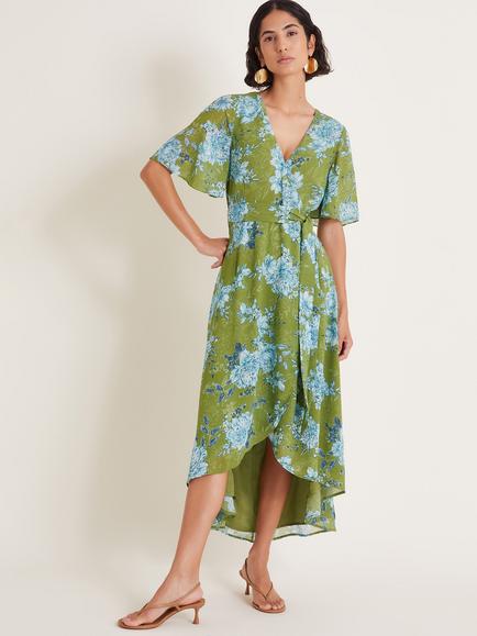 Monsoon Eva Floral Wrap Dress, Green/Multi, Green/Multi