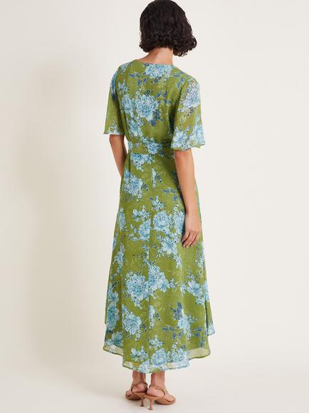 Monsoon Eva Floral Wrap Dress, Green/Multi - view 2, Green/Multi