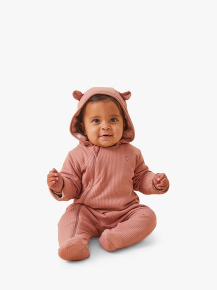 MORI Baby Cotton Blend Ribbed Pramsuit, Blush/Rose