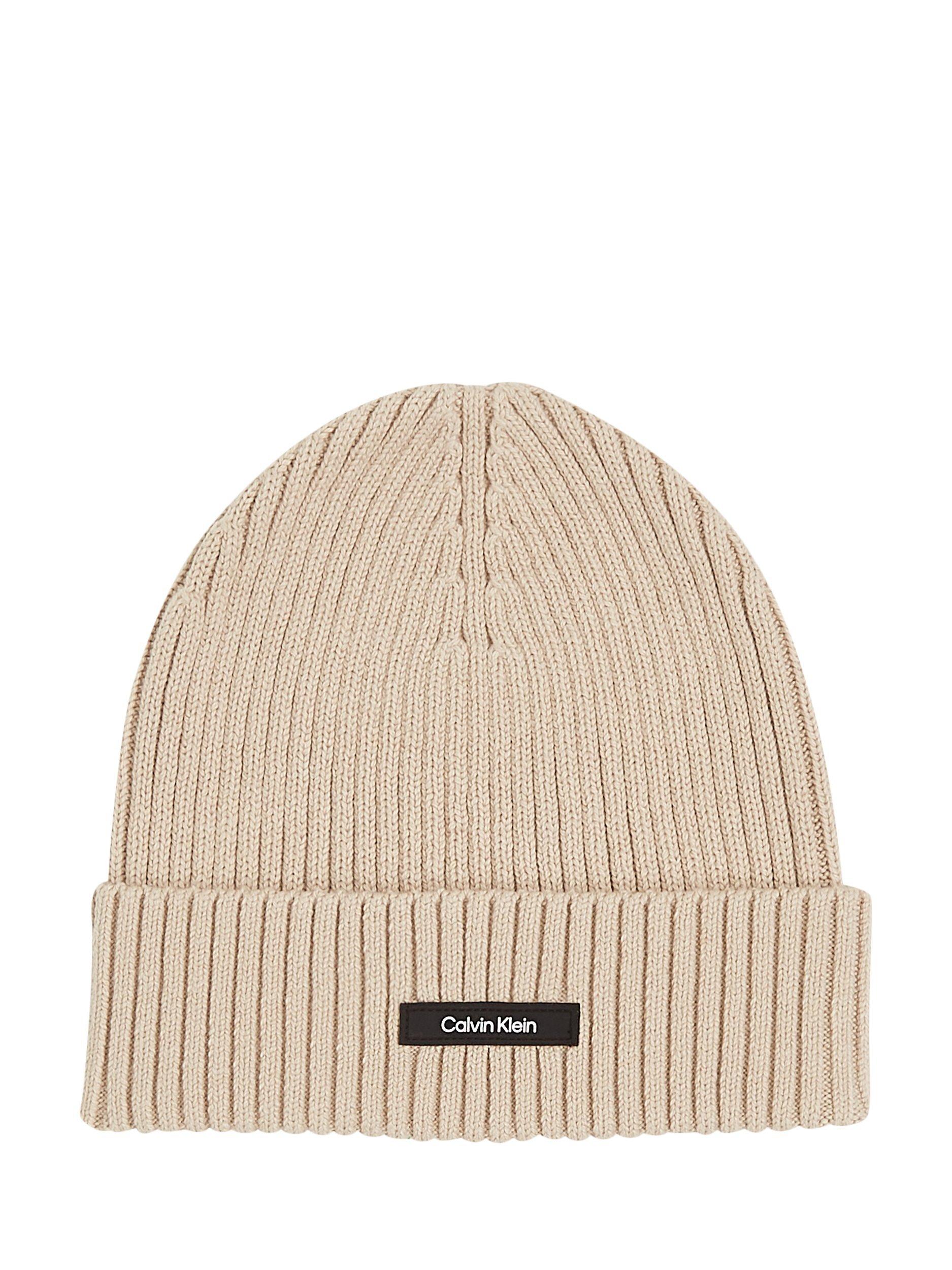 Calvin Klein Classic Cotton Rib Knit Beanie, Stony Beige, One Size
