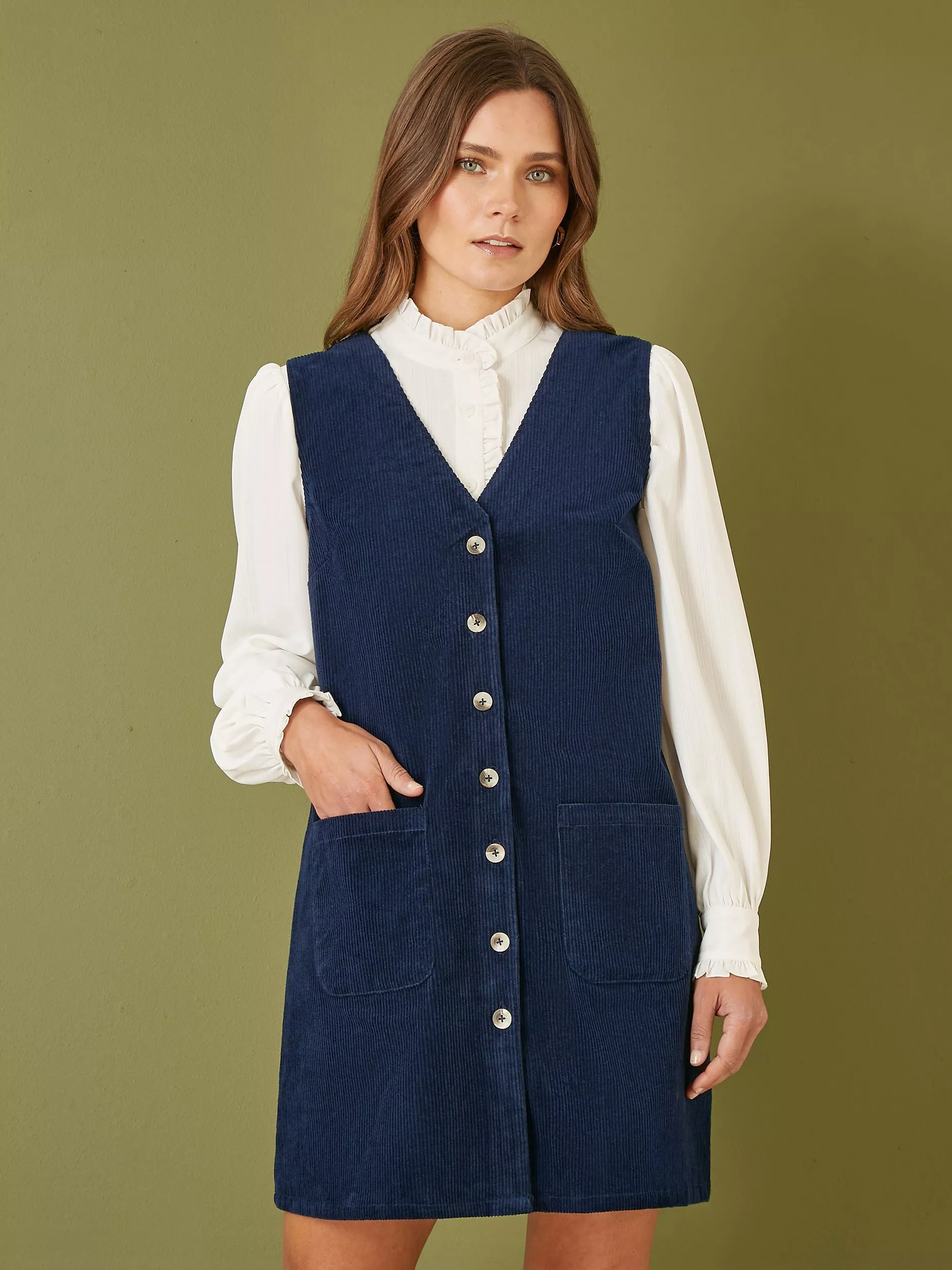 Ladies navy pinafore dress best sale