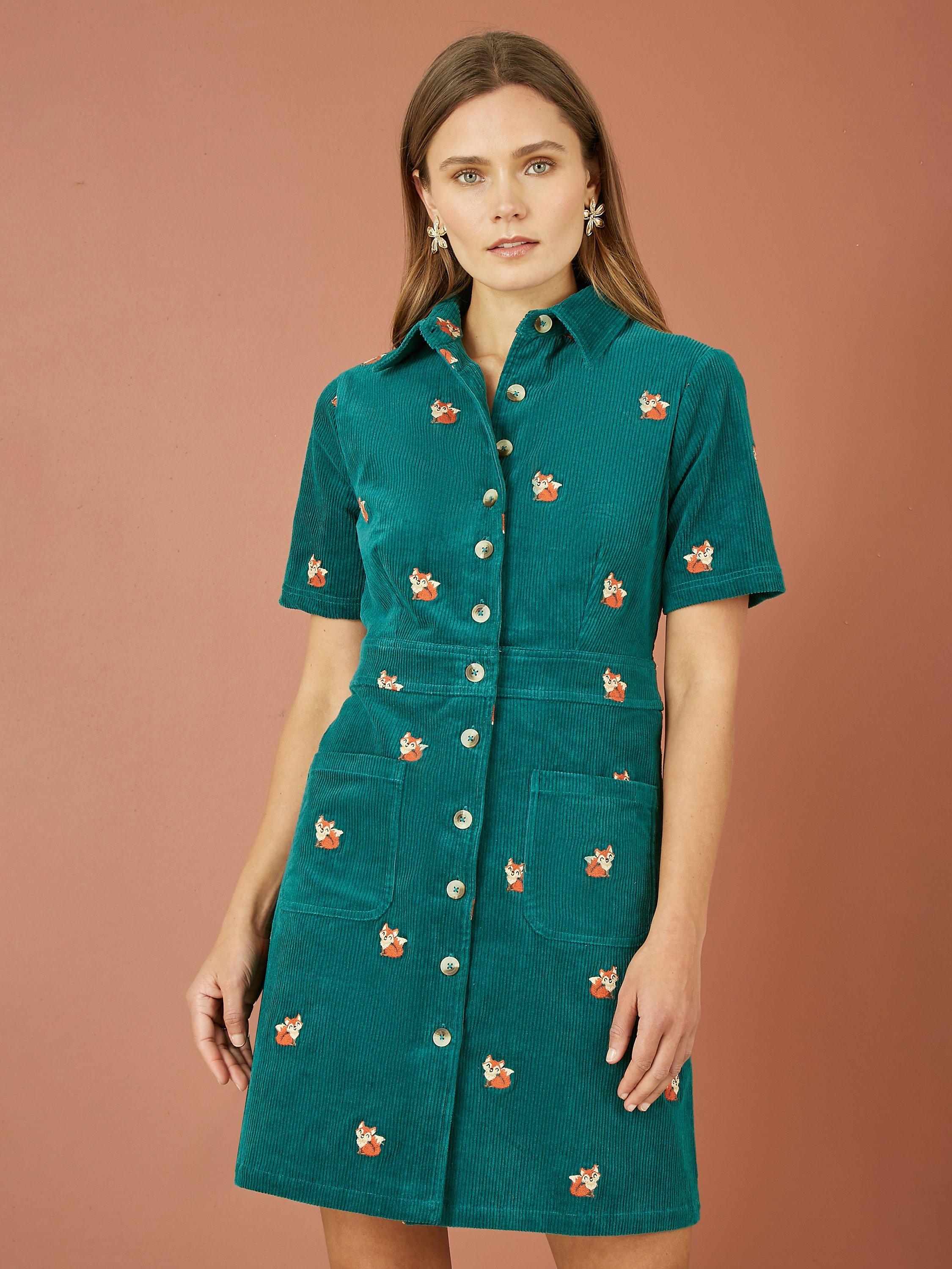 Product image 1 of 3, which shows Yumi Fox Corduroy Shirt Dress, Teal/Multi, 8