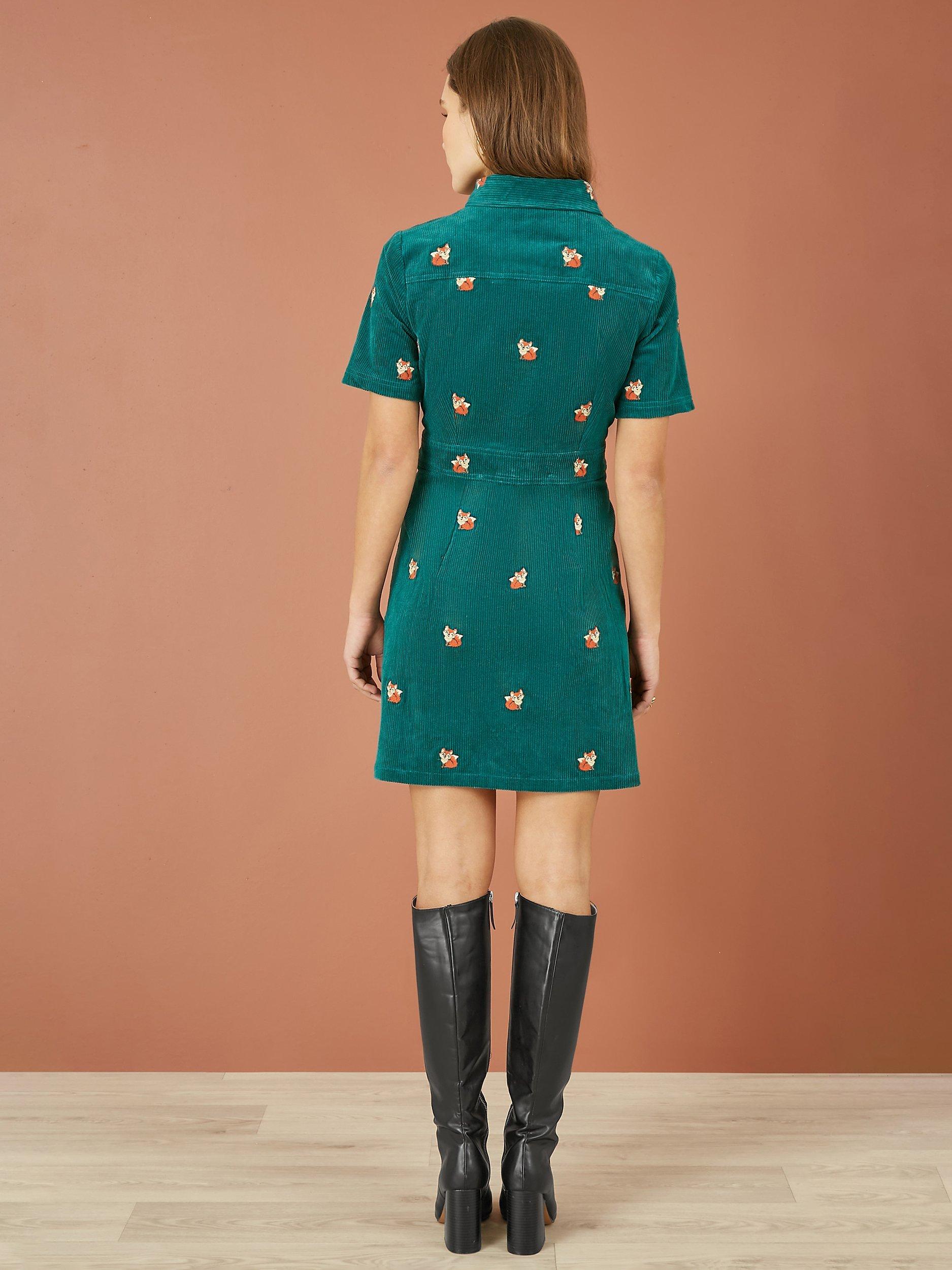 Yumi Fox Corduroy Shirt Dress Teal Multi
