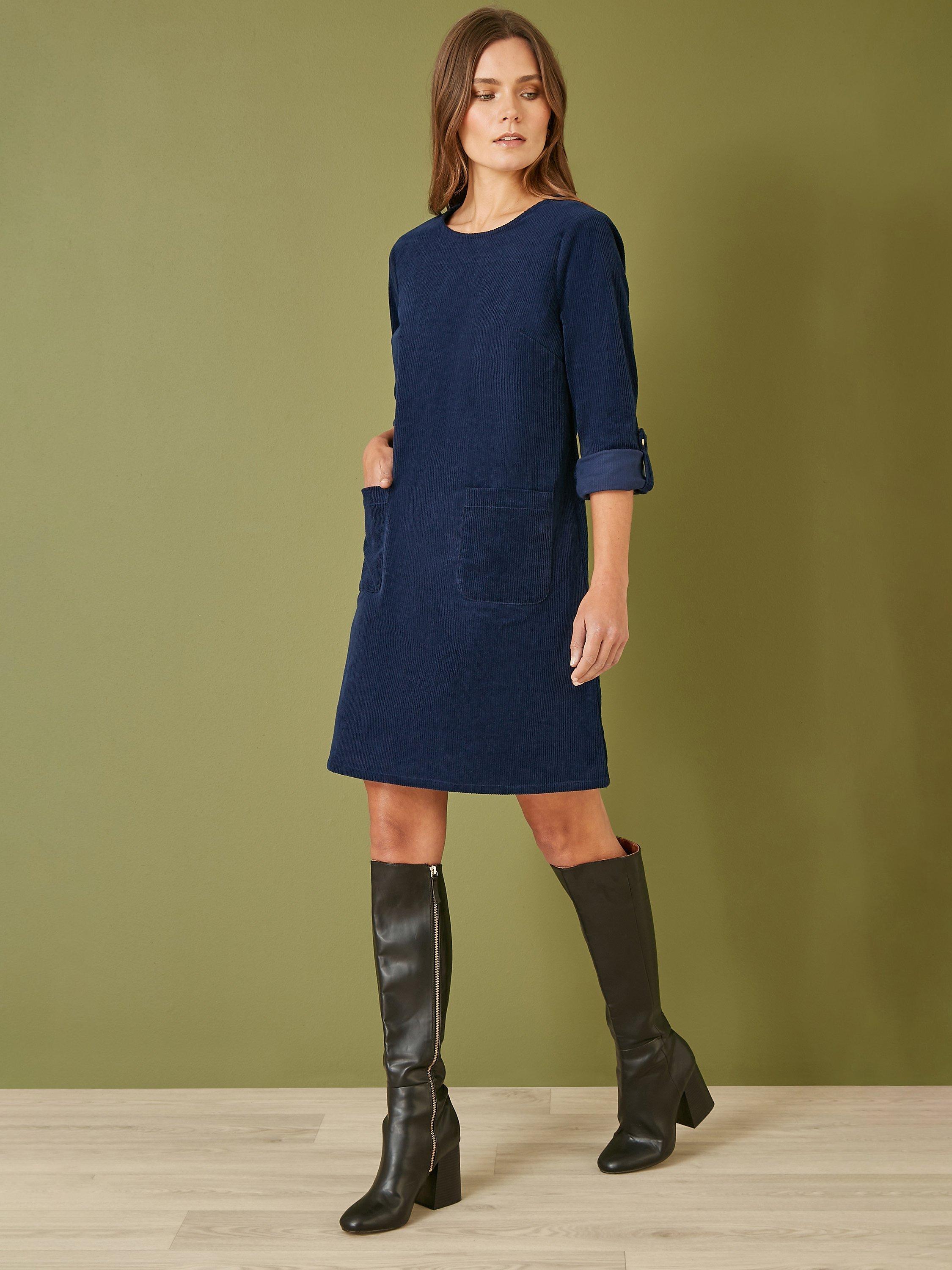 Product image 2 of 5, which shows Yumi Corduroy Tunic Dress, Navy, 8