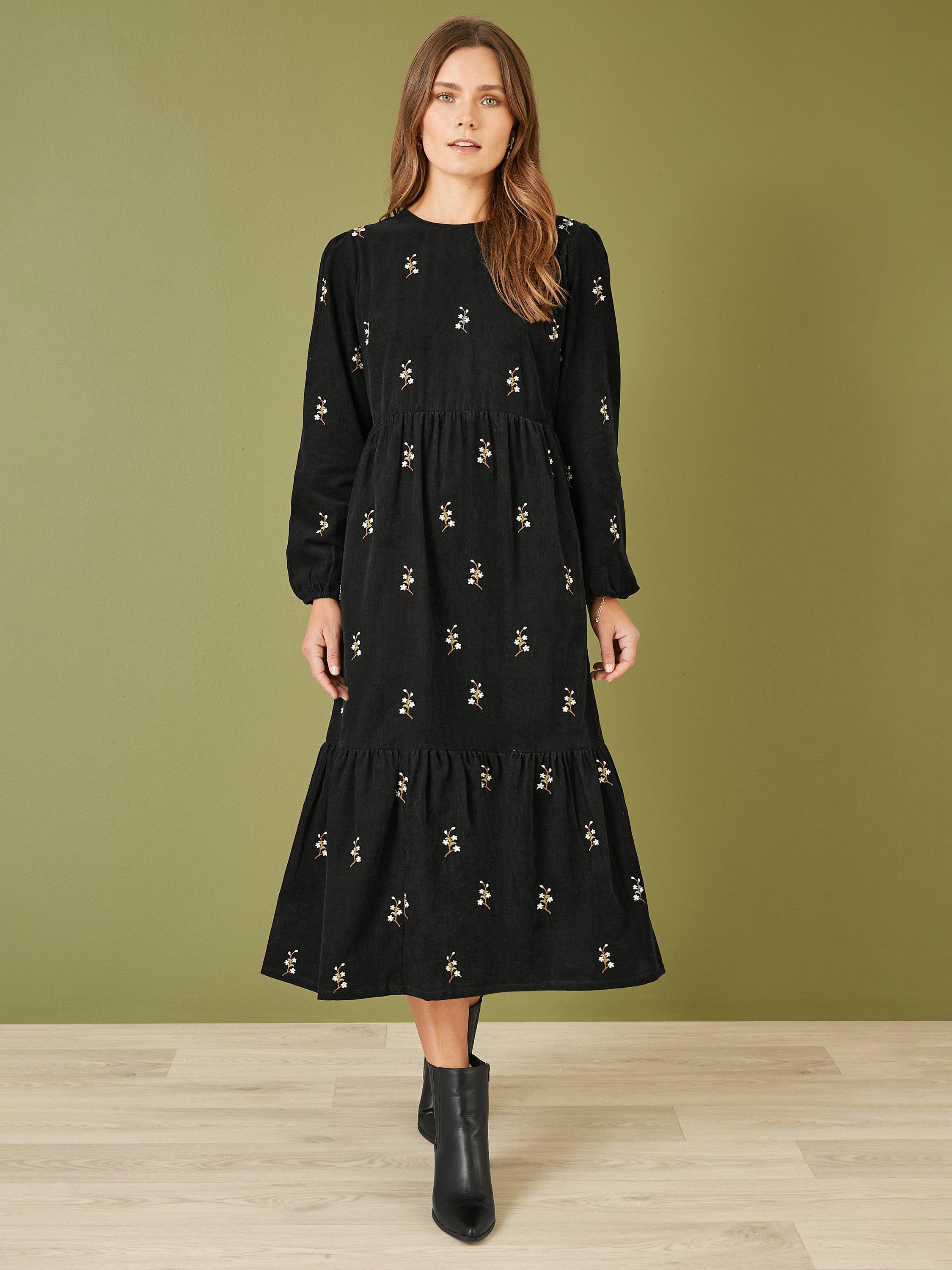 Product image 1 of 5, which shows Yumi Floral Embroidered Midi Dress, Black/Multi, 8