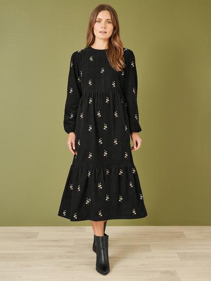 Yumi Floral Embroidered Midi Dress, Black/Multi, Black/Multi