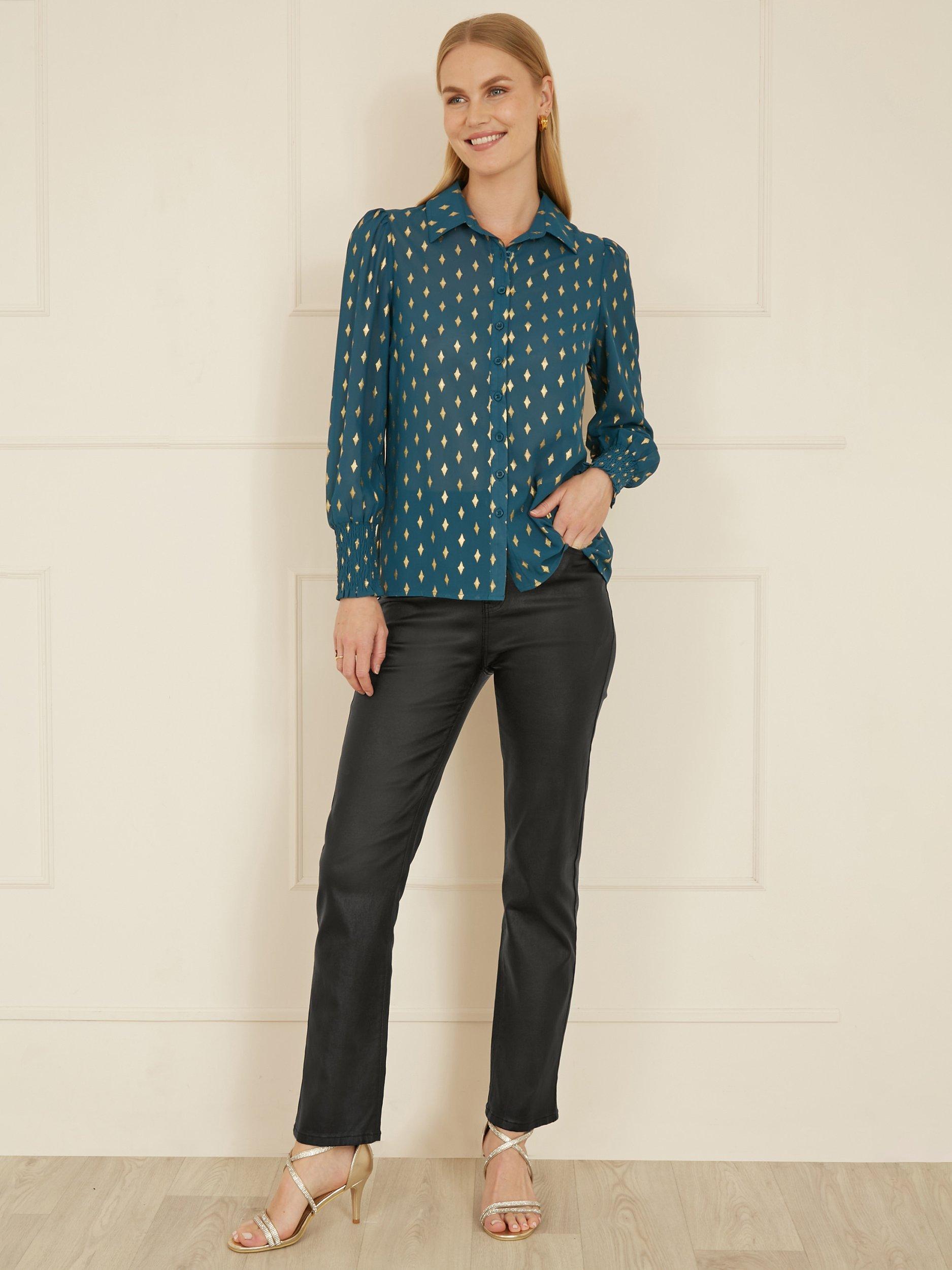 Product image 2 of 5, which shows Yumi Diamond Foil Print Top, Teal, 8
