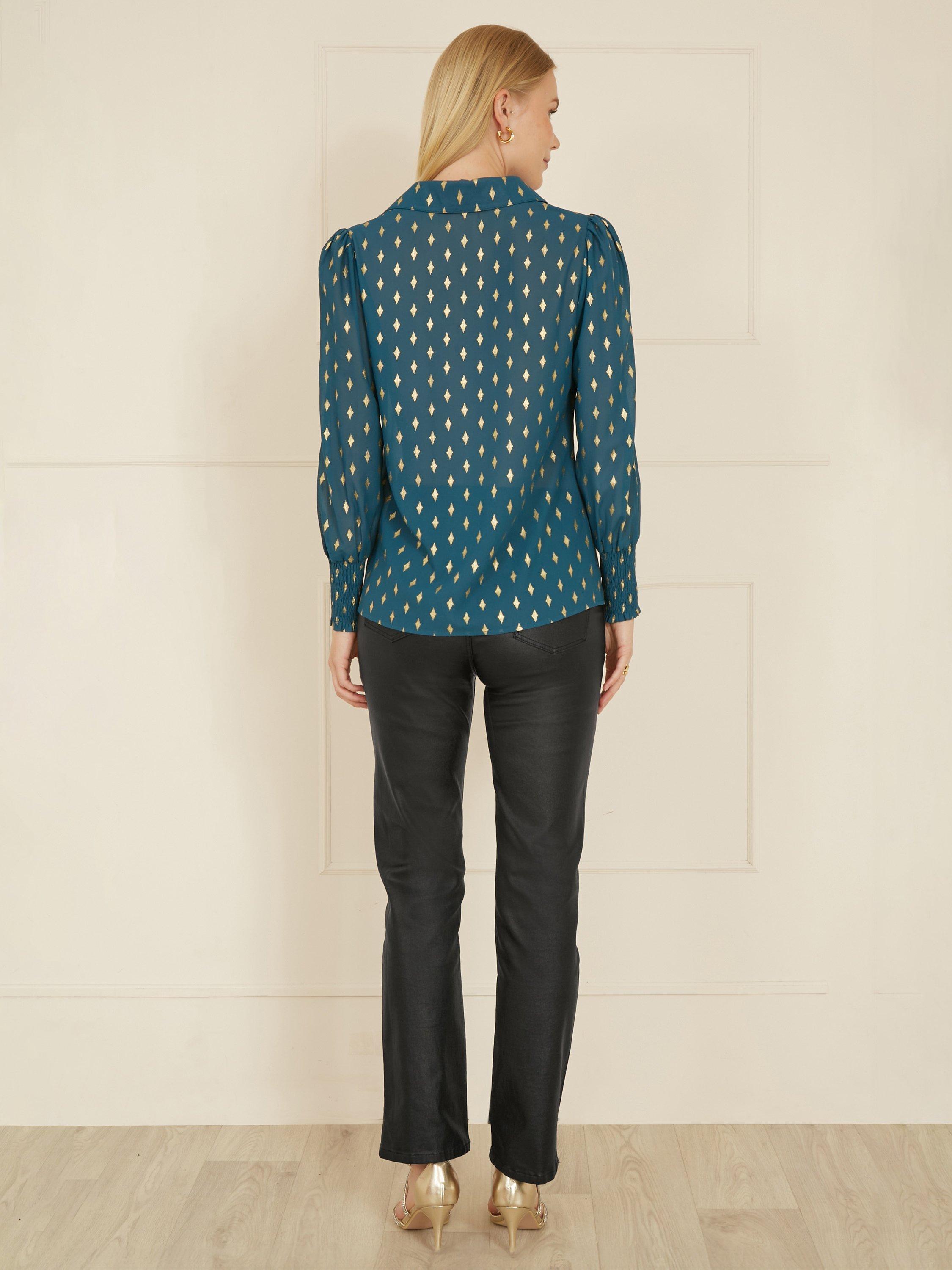 Product image 3 of 5, which shows Yumi Diamond Foil Print Top, Teal, 8