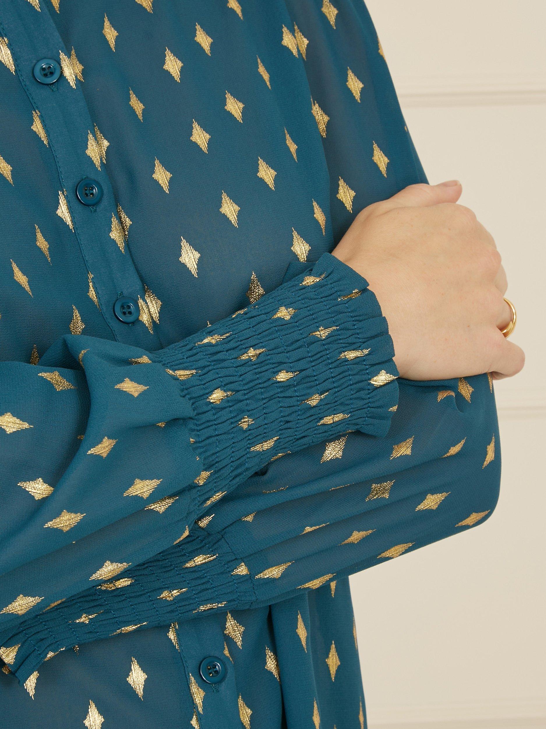 Product image 4 of 5, which shows Yumi Diamond Foil Print Top, Teal, 8