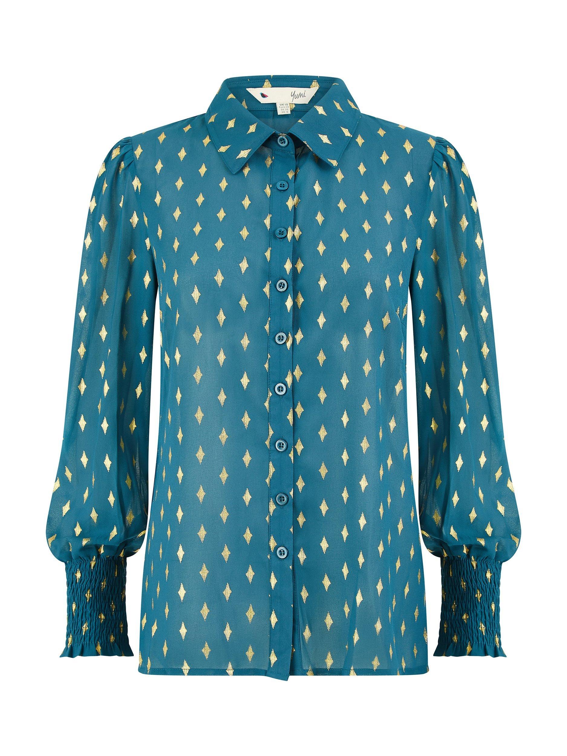 Product image 5 of 5, which shows Yumi Diamond Foil Print Top, Teal, 8