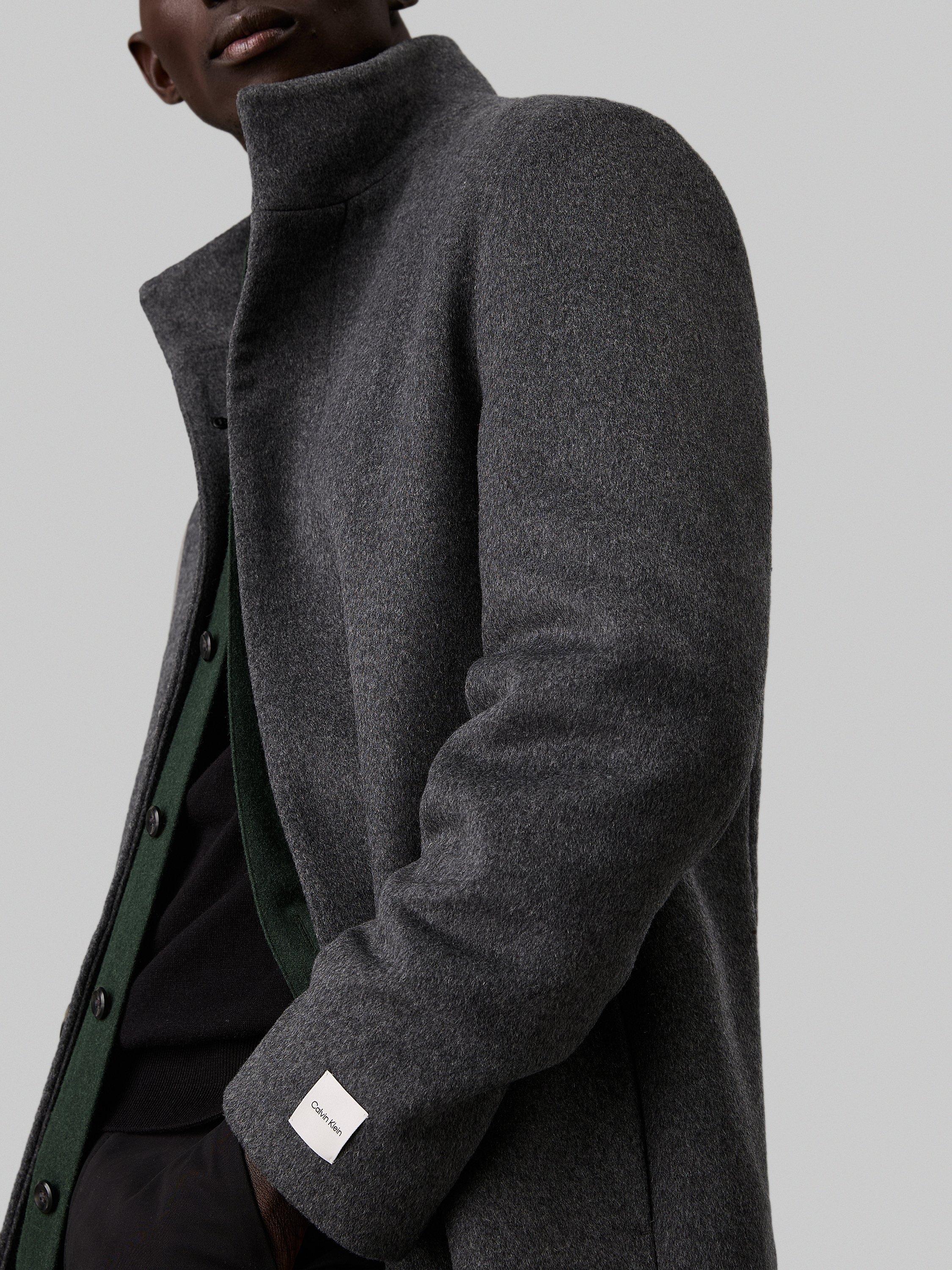Product image 3 of 8, which shows Calvin Klein Slim Wool Blend Funnel Neck Coat, Dark Grey, S