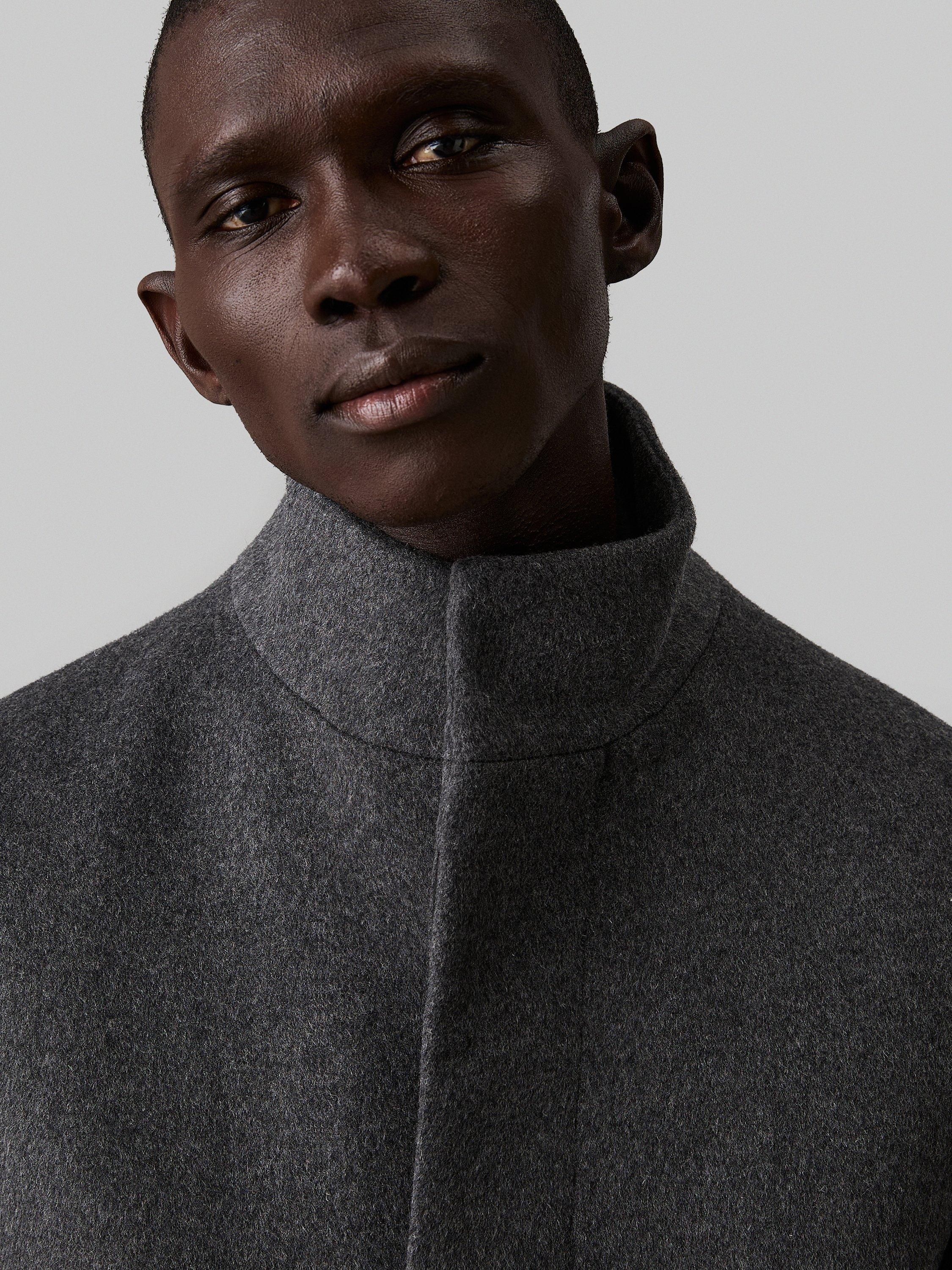 Product image 4 of 8, which shows Calvin Klein Slim Wool Blend Funnel Neck Coat, Dark Grey, S