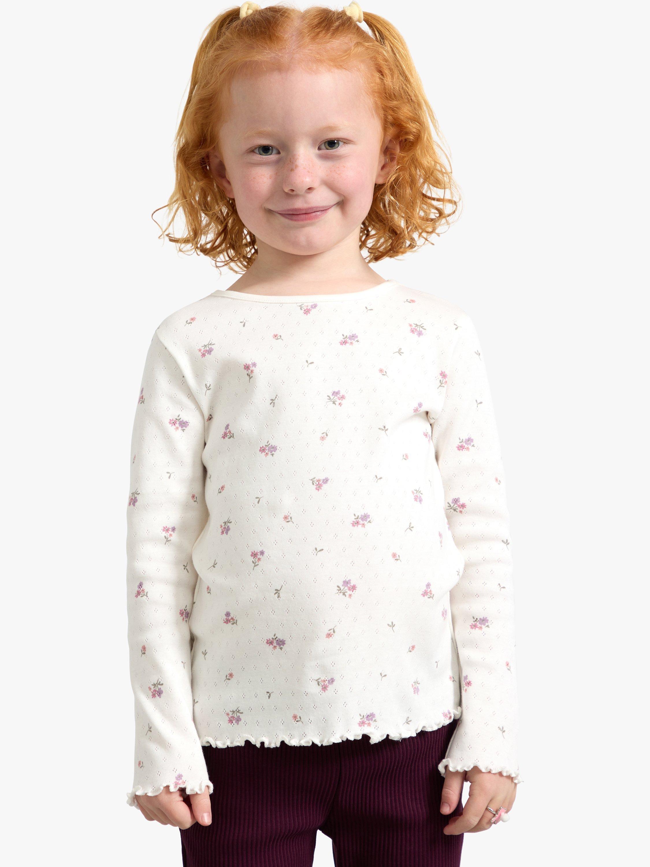 Product image 1 of 7, which shows Lindex Kids' Organic Cotton Pointelle Print Long Sleeve Top, Light Dusty White, 6-7 years