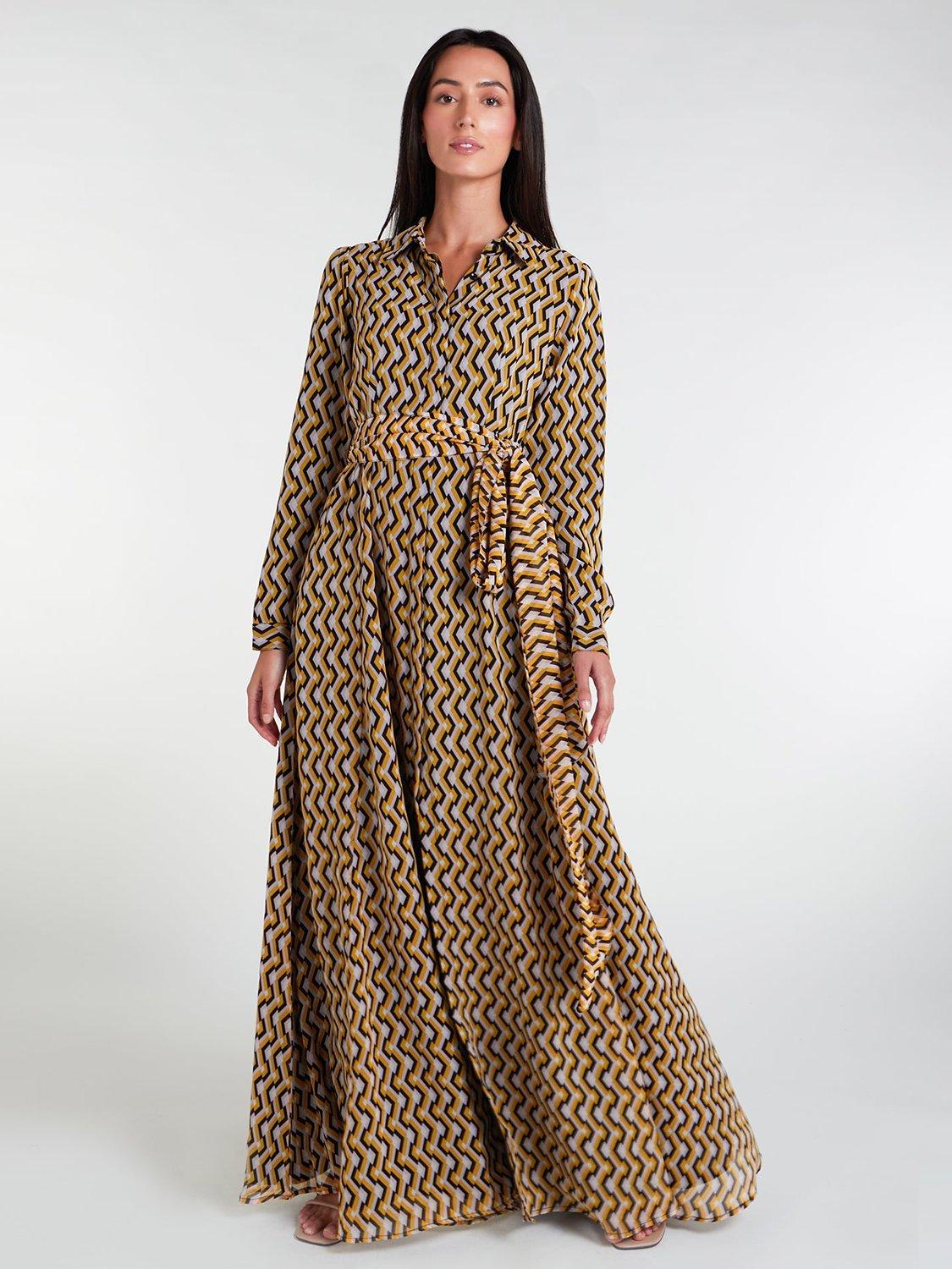 Aab Geometric Monochrome Maxi Shirt Dress, Yellow/Multi