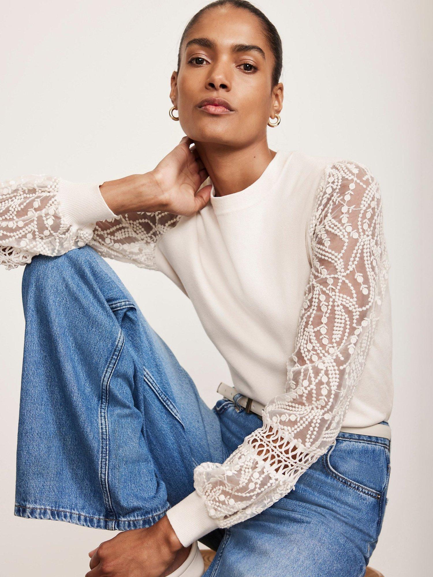 Product image 2 of 8, which shows Mint Velvet Embroidered Sleeve Jumper, Ivory, L